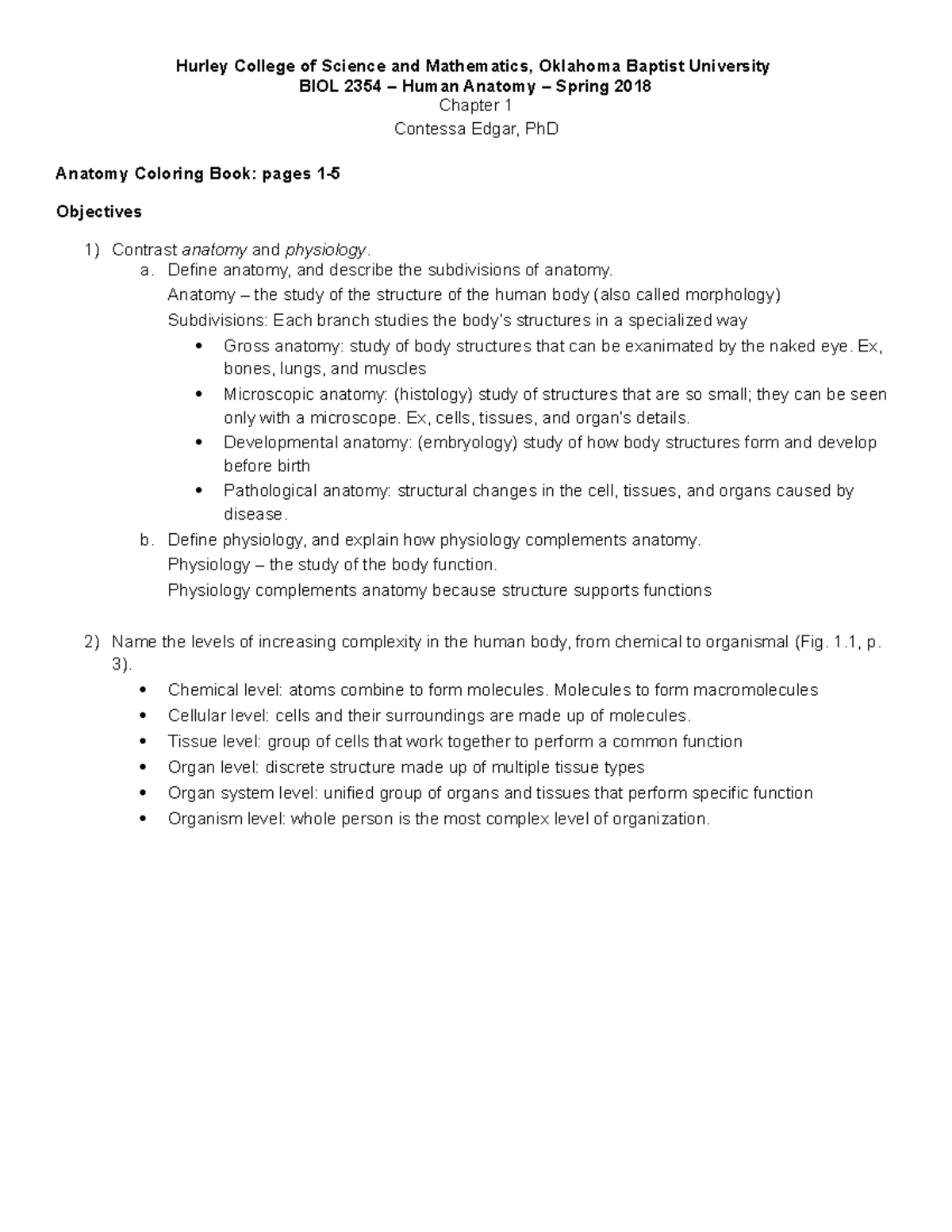 Chapter 1 Objectives and Outline - Hurley College of Science and ...