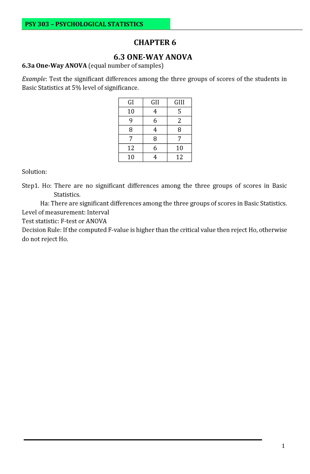 Chapter-6 - Notes - CHAPTER 6 6 ONE-WAY ANOVA 6 One-Way ANOVA (equal ...