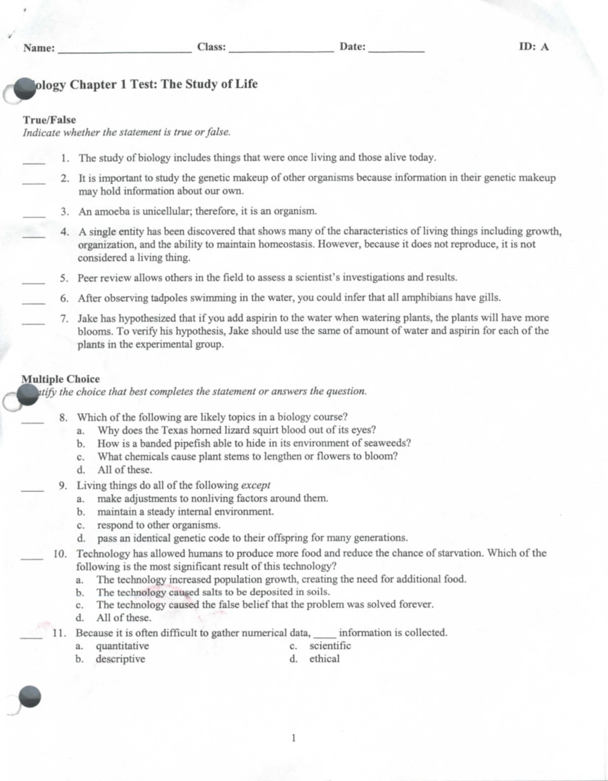 Biology Ch 1 Test Online Copy - , Name: Class: Date: ID: A Logy Chapter ...