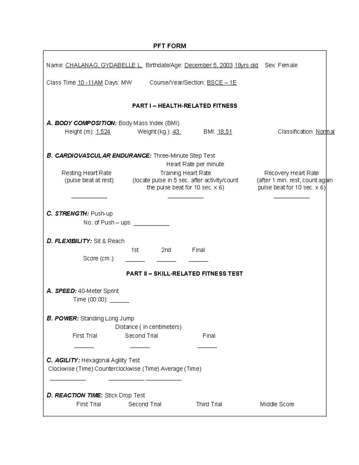 Pathf Act 2 - PFT FORM Name: CHALANAG, GYDABELLE L. Birthdate/Age ...