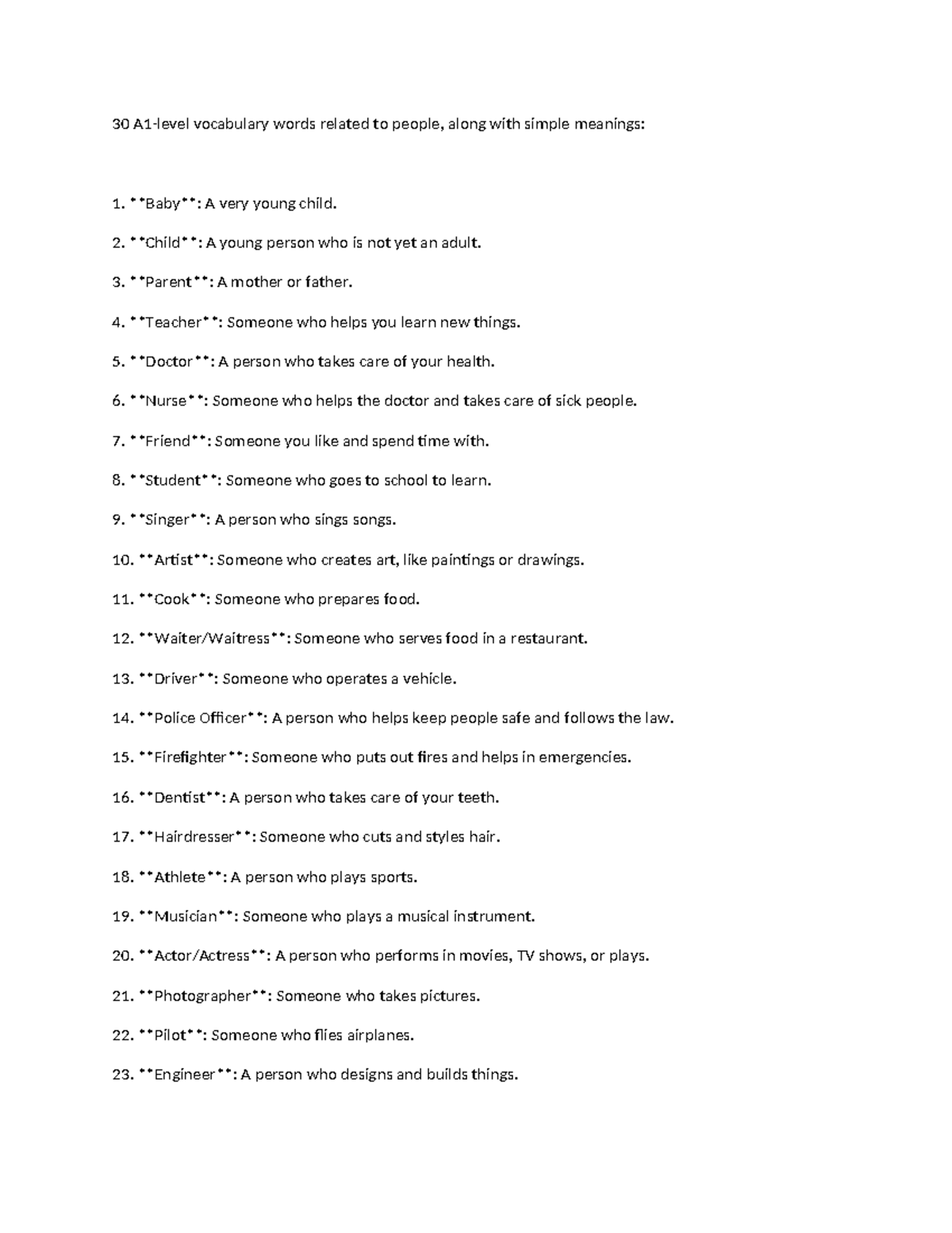Vocabulary Materials for A1 level - 30 A1-level vocabulary words ...