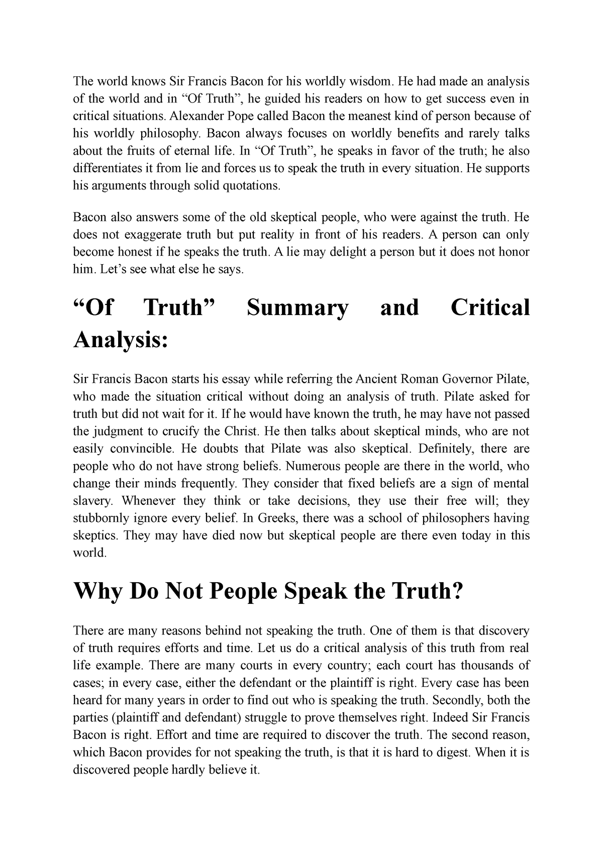 bacon essay of truth critical analysis