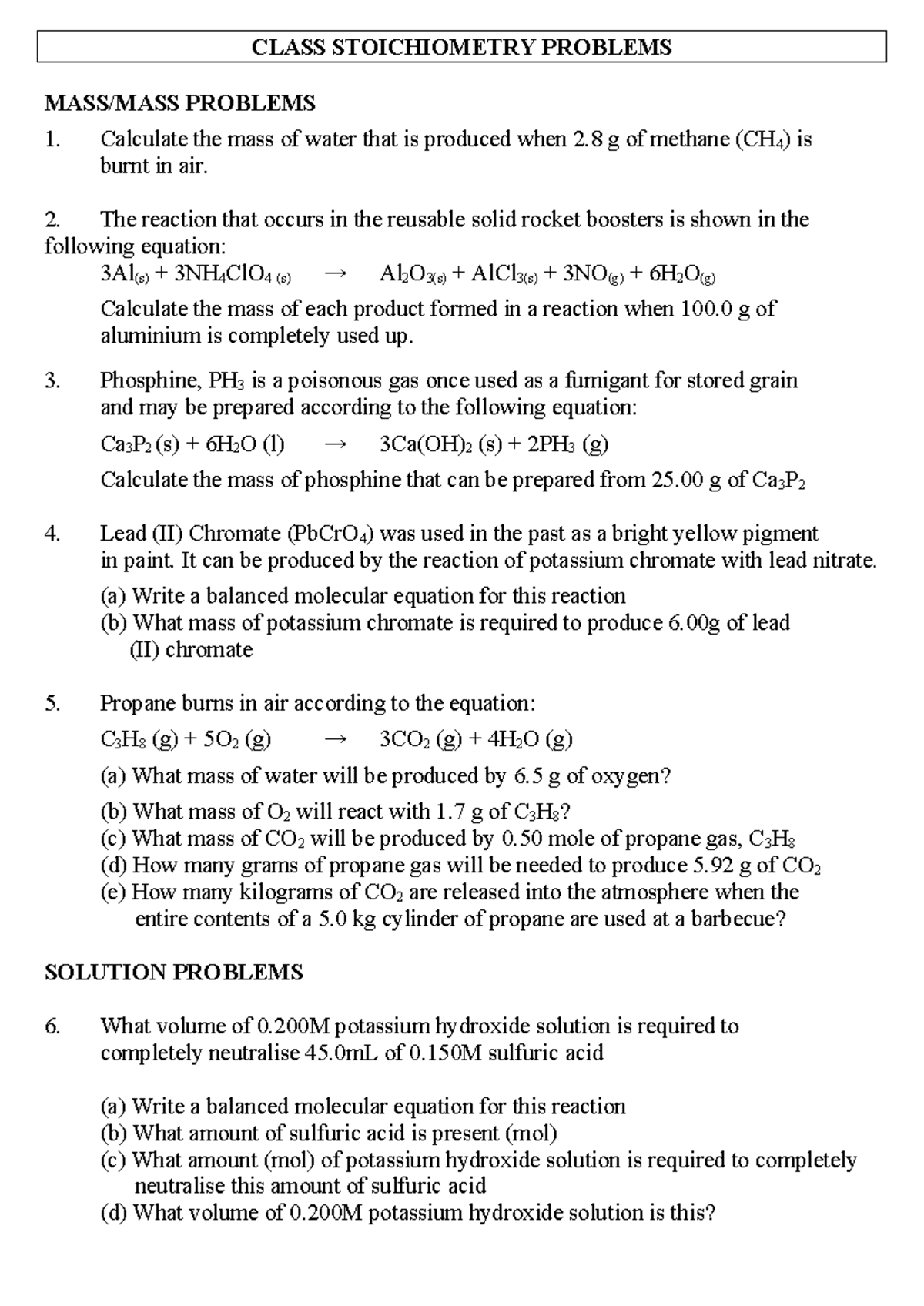 Stoichiometry problems class stoichiometry problems mass mass