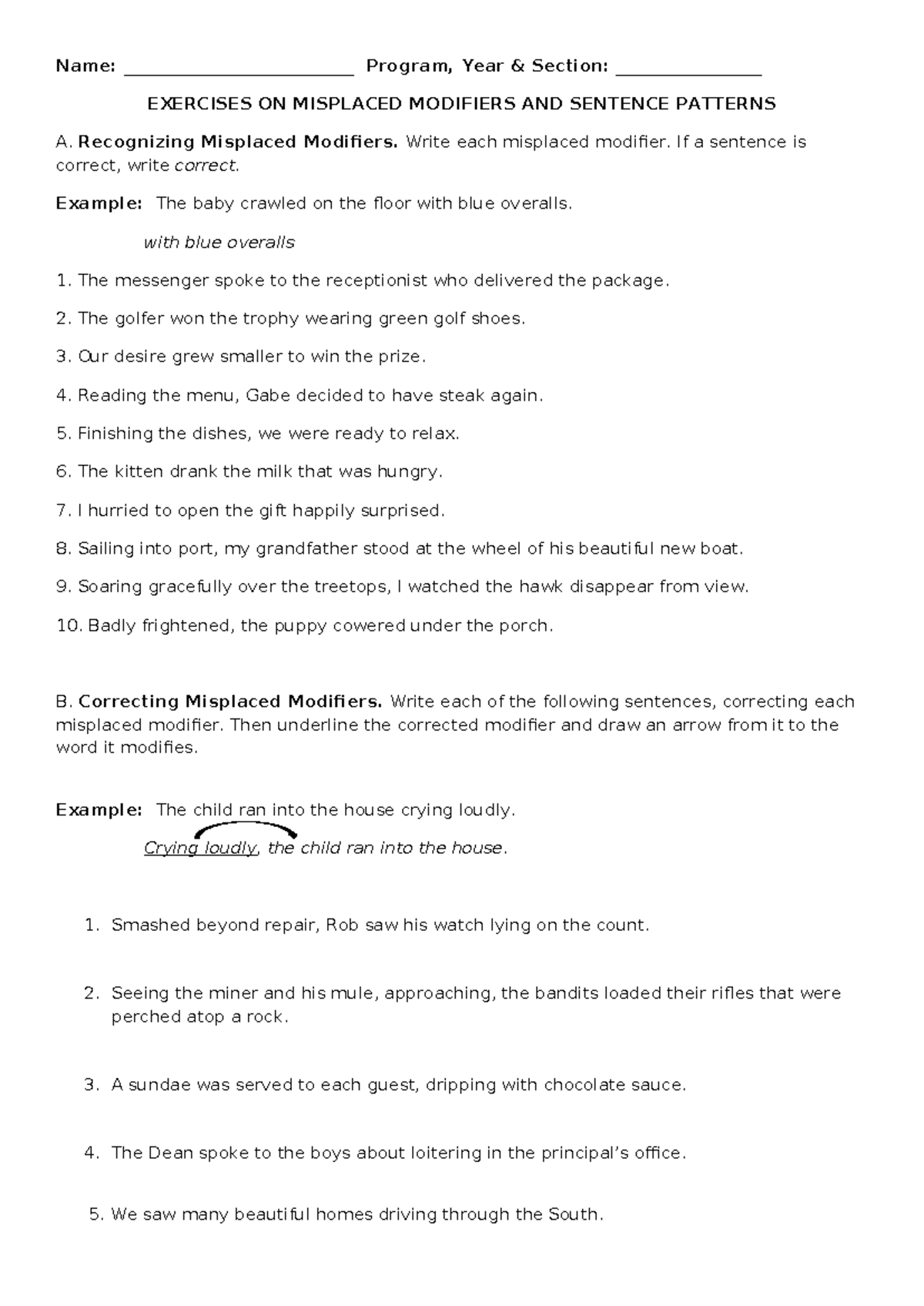 Exercises on misplaced modifiers - Name ...