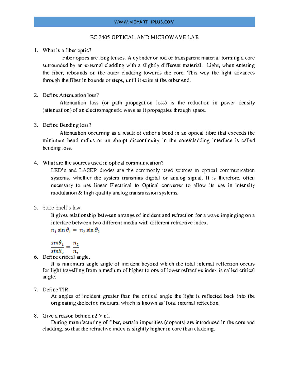 EC2405 Optical and Microwave Lab viva EC 2405 OPTICAL AND MICROWAVE