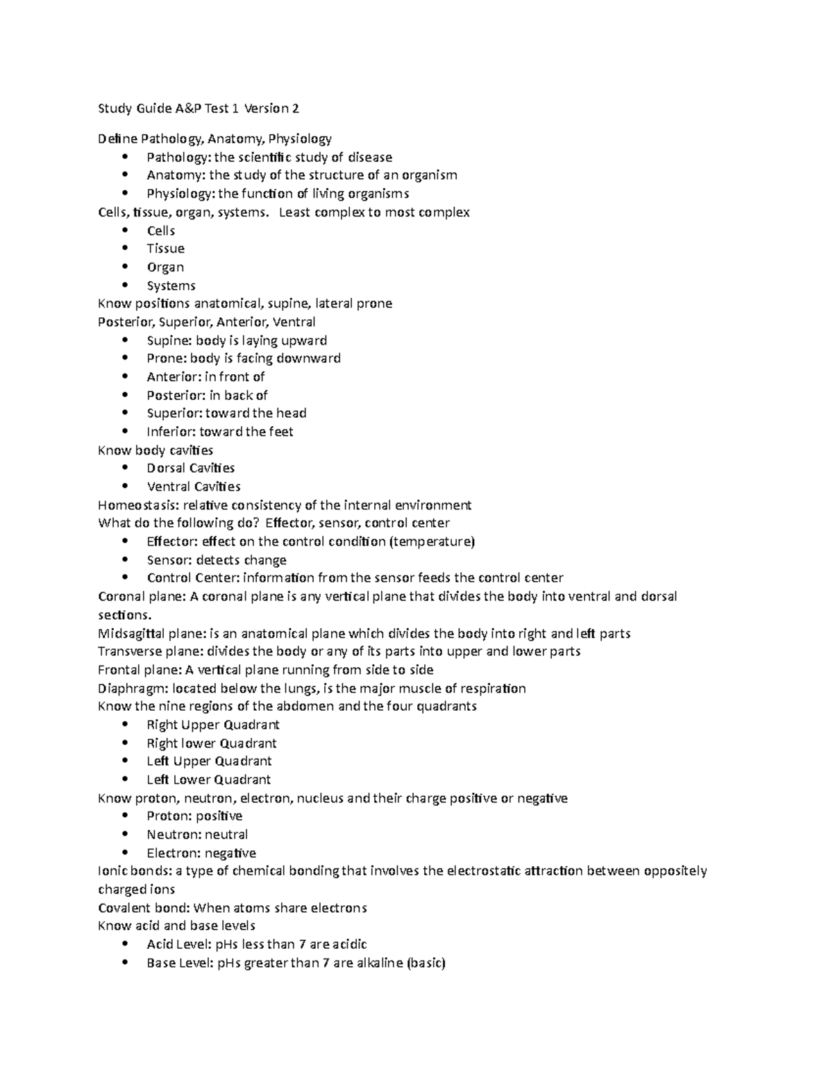 A&P TEST 1 Version 2 Study Guide Finished - Study Guide A&P Test 1 ...