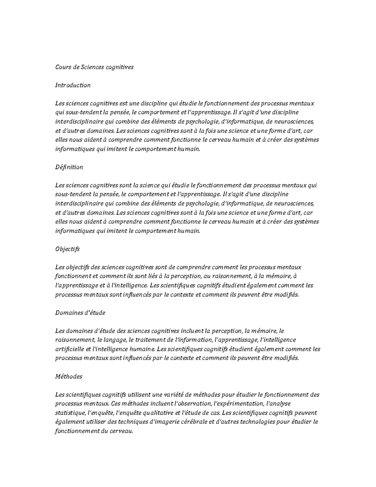 Cognitive Science Notes de cours - Cours de Sciences cognitives ...