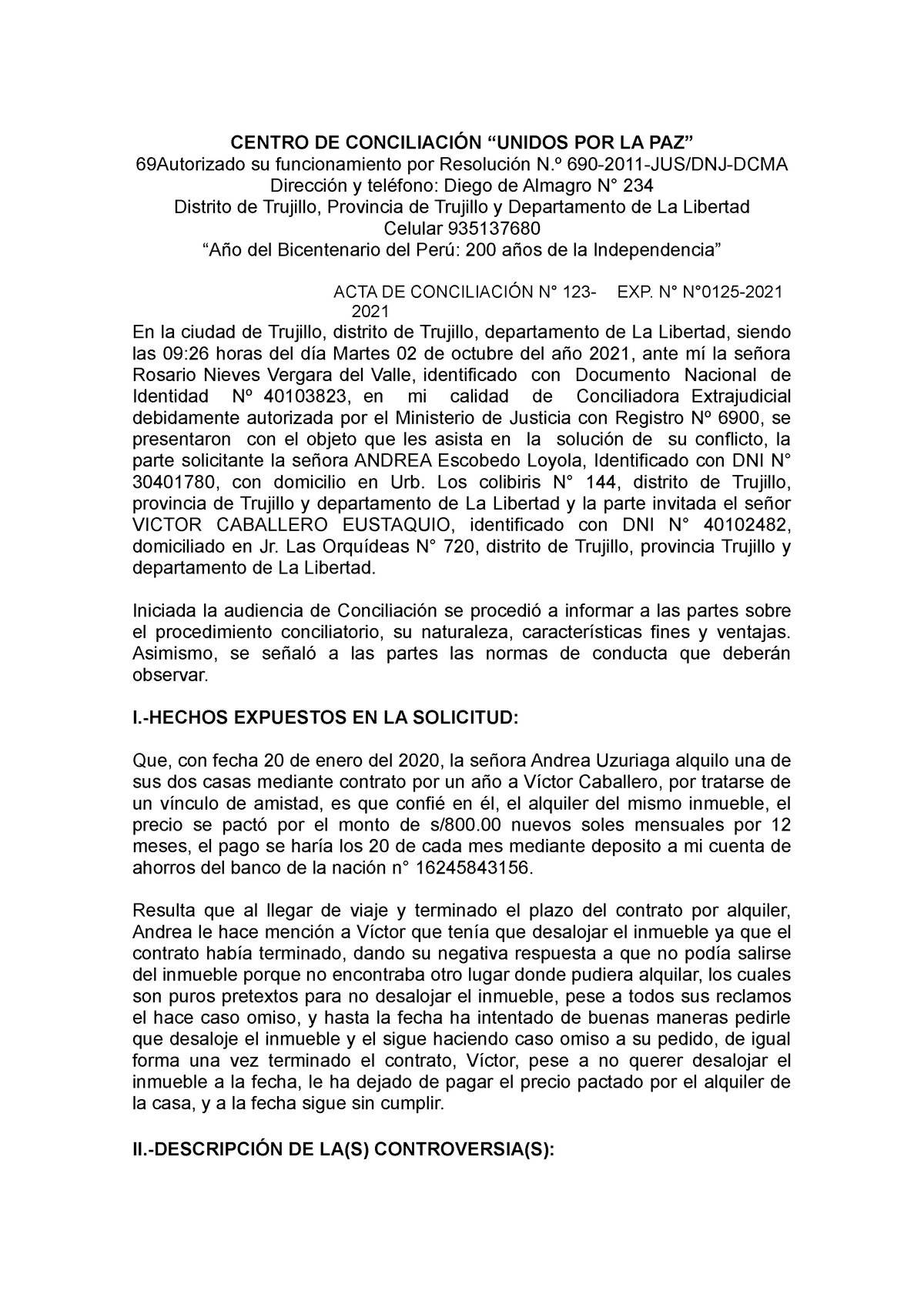 Ejemplo De Acta De Conciliaci N Borrador Centro De
