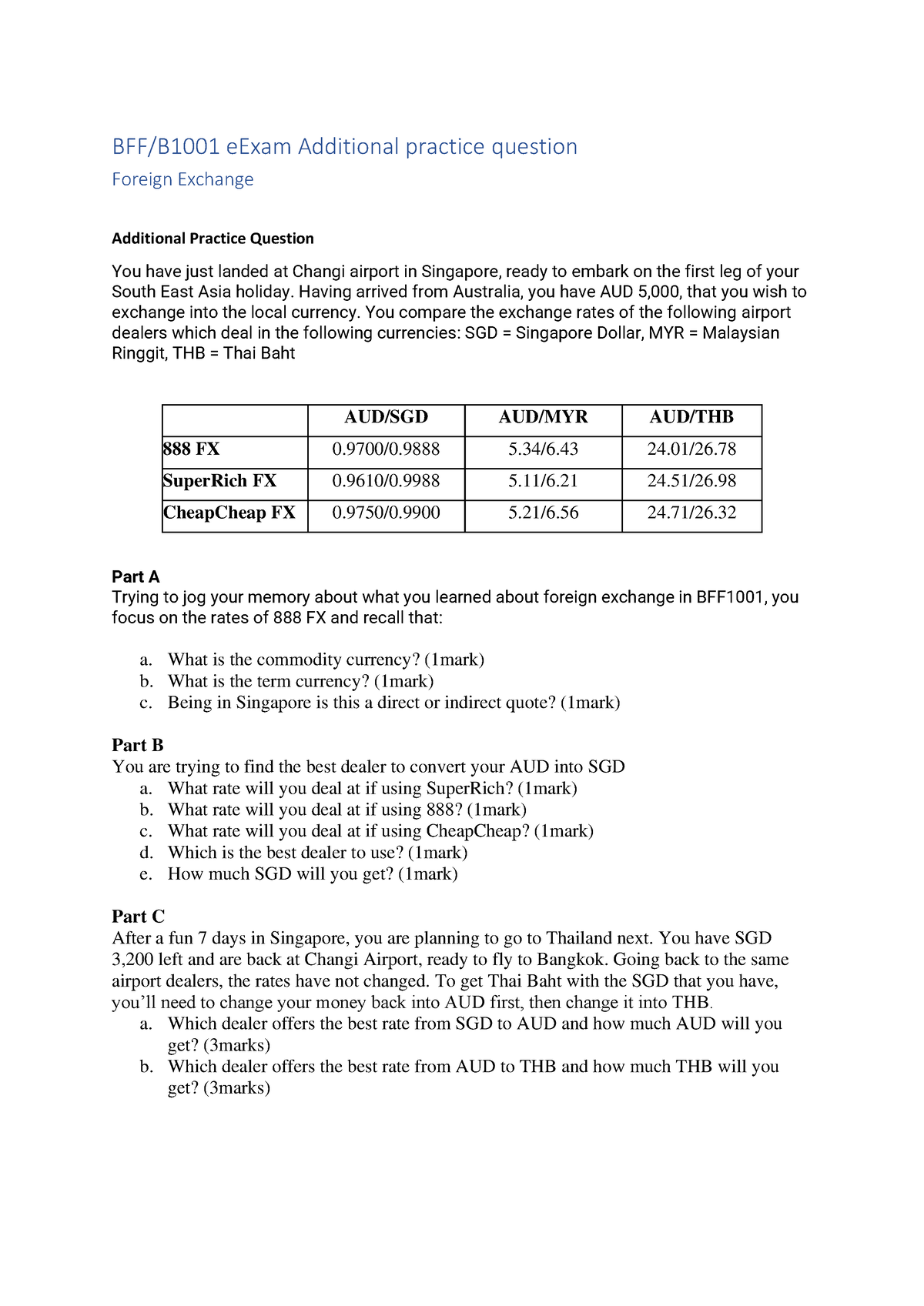 Foreign Exchange Questions - BFF/B1001 EExam Additional Practice ...