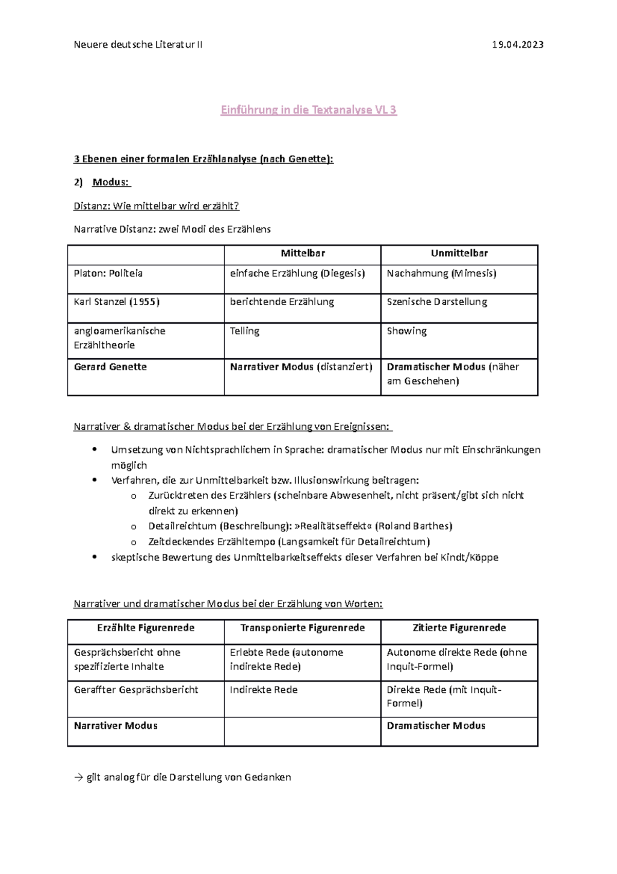 Einführung in die Textanalyse VL 3 - Neuere deutsche Literatur II 19 ...