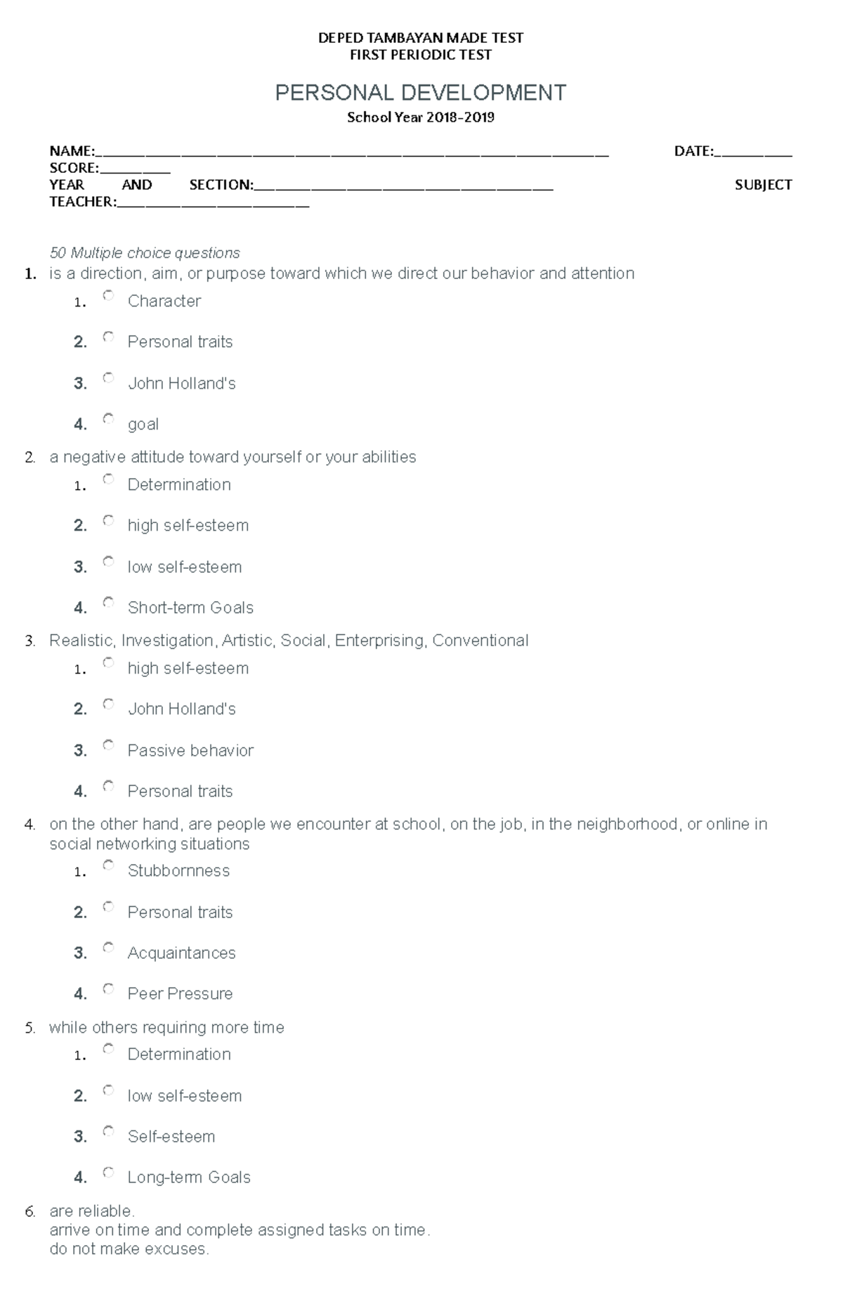 Philosophy Of A Human Person - DEPED TAMBAYAN MADE TEST FIRST PERIODIC ...