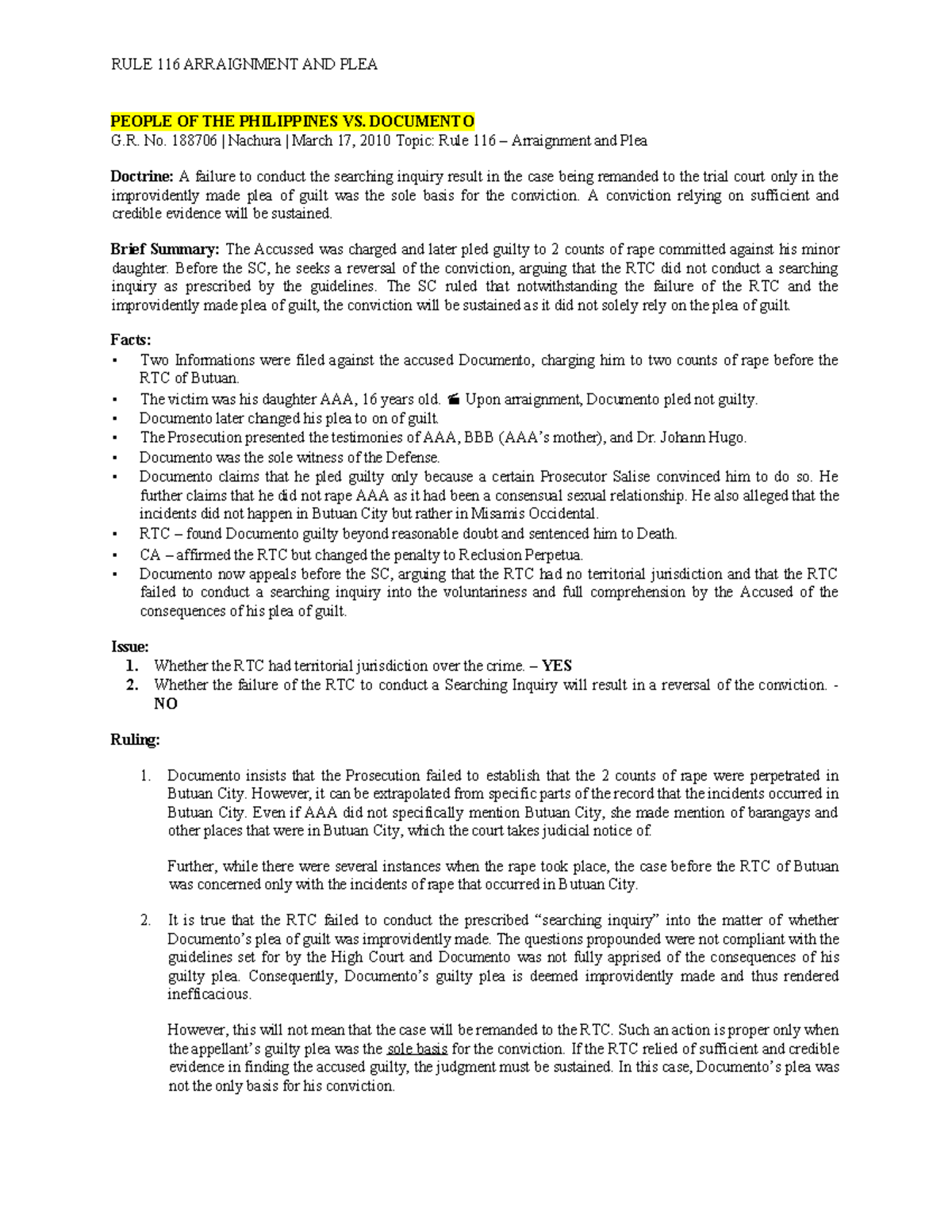 RULE 116 Peoplevs Documento to Solar - RULE 116 ARRAIGNMENT AND PLEA ...