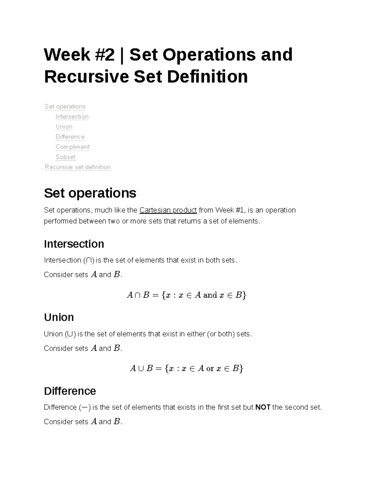 Week 2 Set Operations and Recursive Set Definitions - Week #2 | Set ...