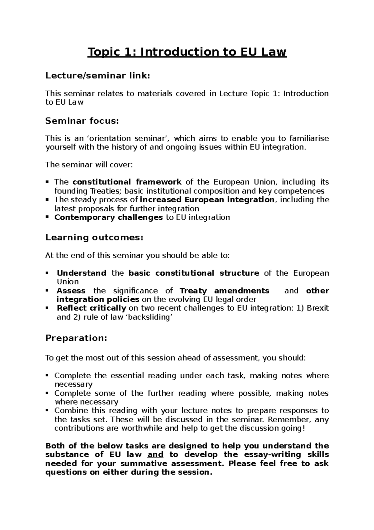 Seminar Preparation Guide - Topic 1-2 - Topic 1: Introduction to EU Law ...