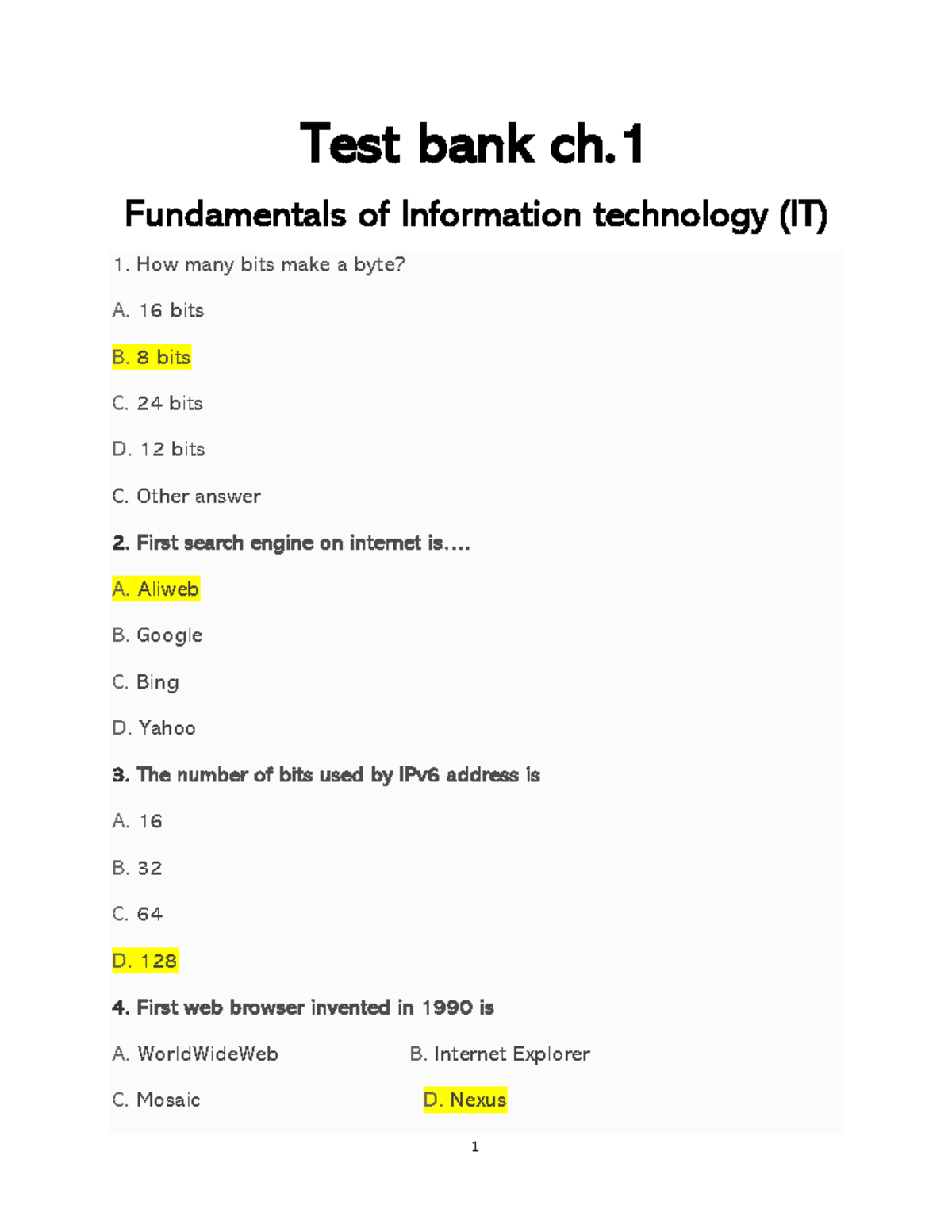 Test Bank Ch - Accounting - Test Bank Ch. 1 Fundamentals Of Information ...