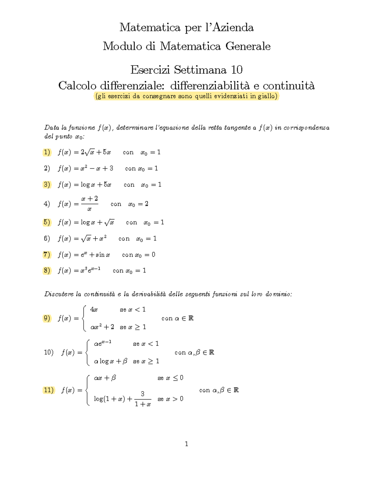 Esercizi Settimana 10 - Compiti di matematica per l'azienda ...