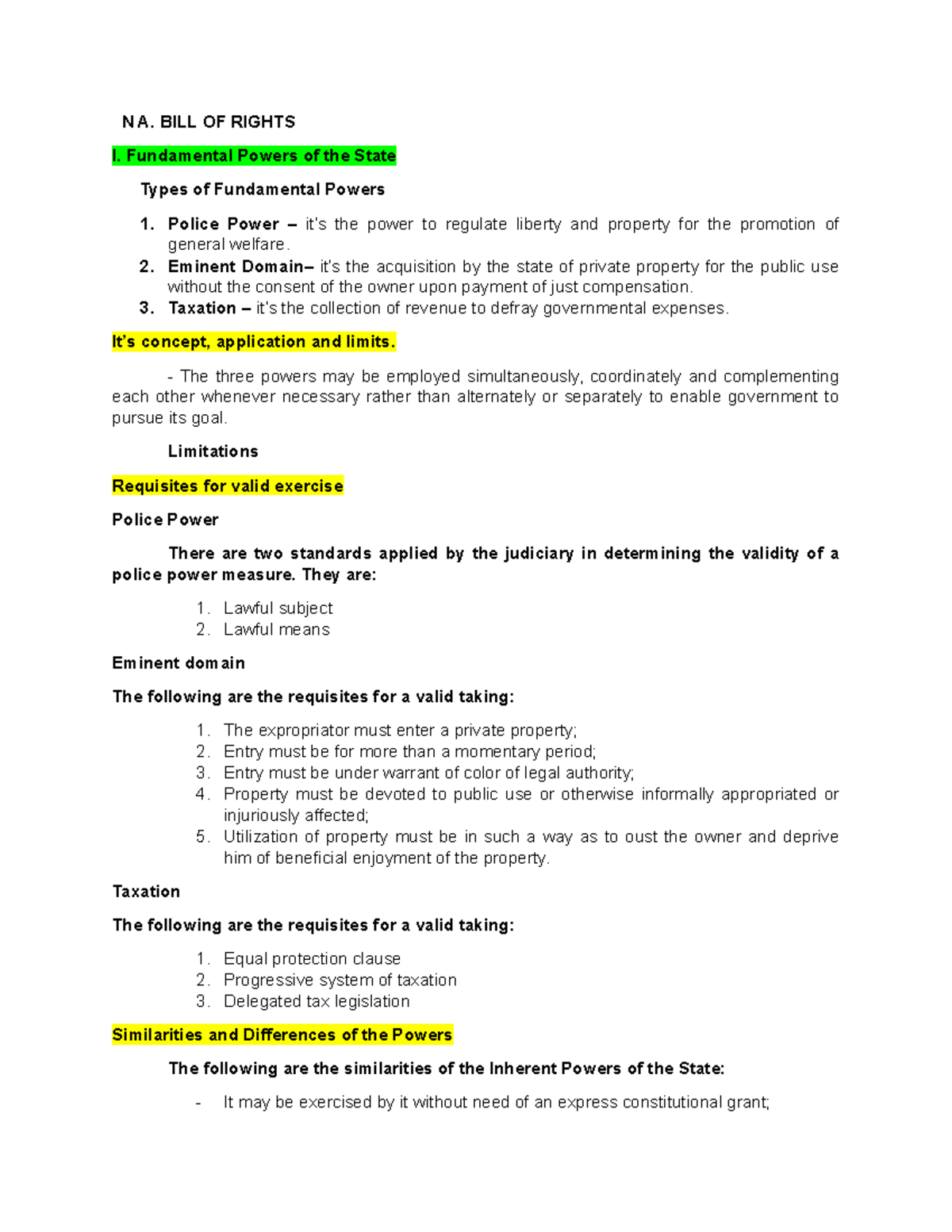 Consti 2 Reviewer by Inah - N A. BILL OF RIGHTS I. Fundamental Powers ...