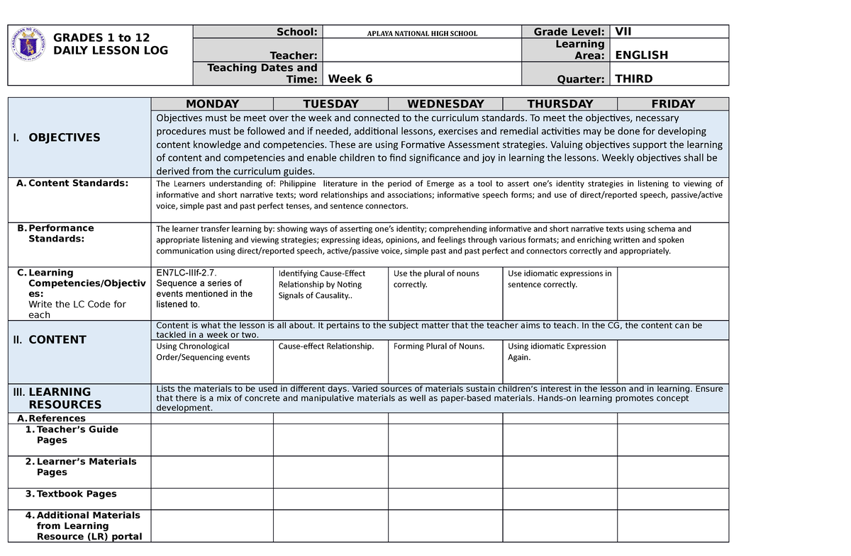 DLL 3rd Qrtr week 6 - Educ - GRADES 1 to 12 DAILY LESSON LOG School ...