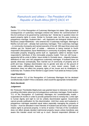 ACL CASE Summaries 2020 - AFRICAN CUSTOMARY LAW CASE SUMMARIES Hlophe v ...