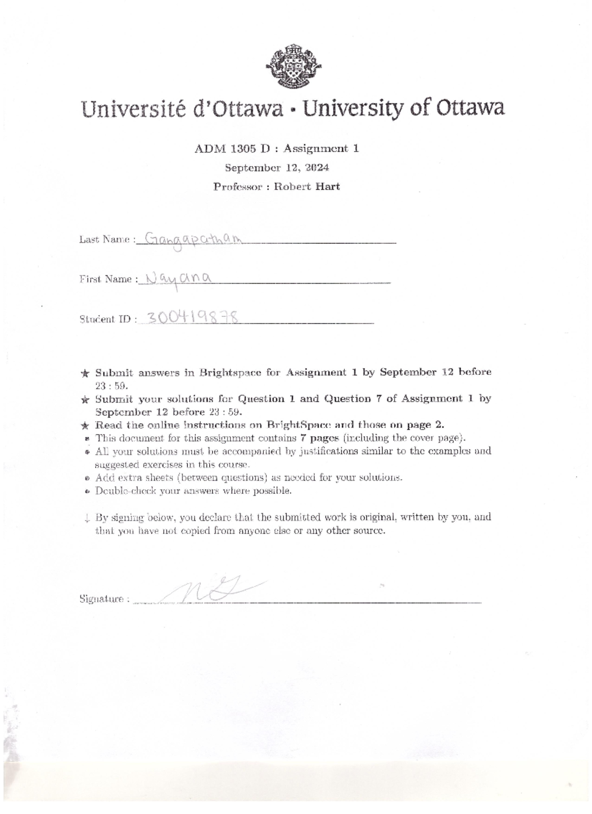 ADM1305-Assignment 1 Solutions - Université . University of Ottawa ADM ...