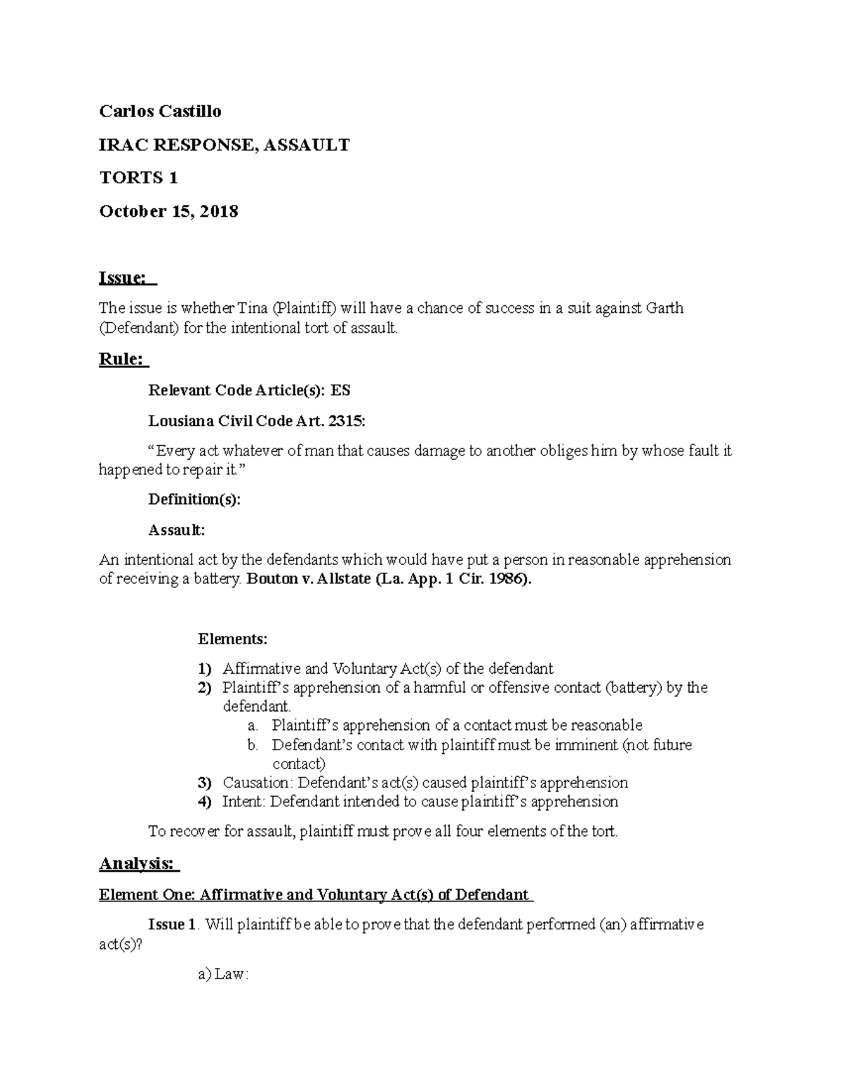 Assault Hypo Irac For Intentional Tort Of Assualt Carlos Castillo Irac Response Assault 8339