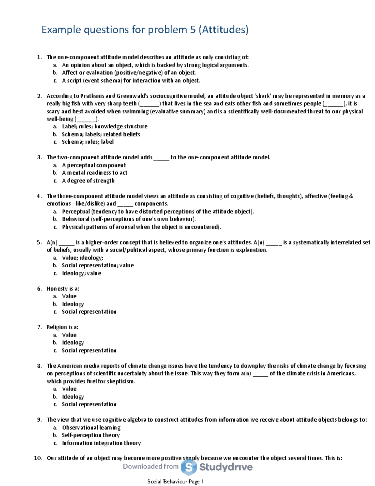 Example EXAM questions for problem 5 (Attitudes) - The one-component ...