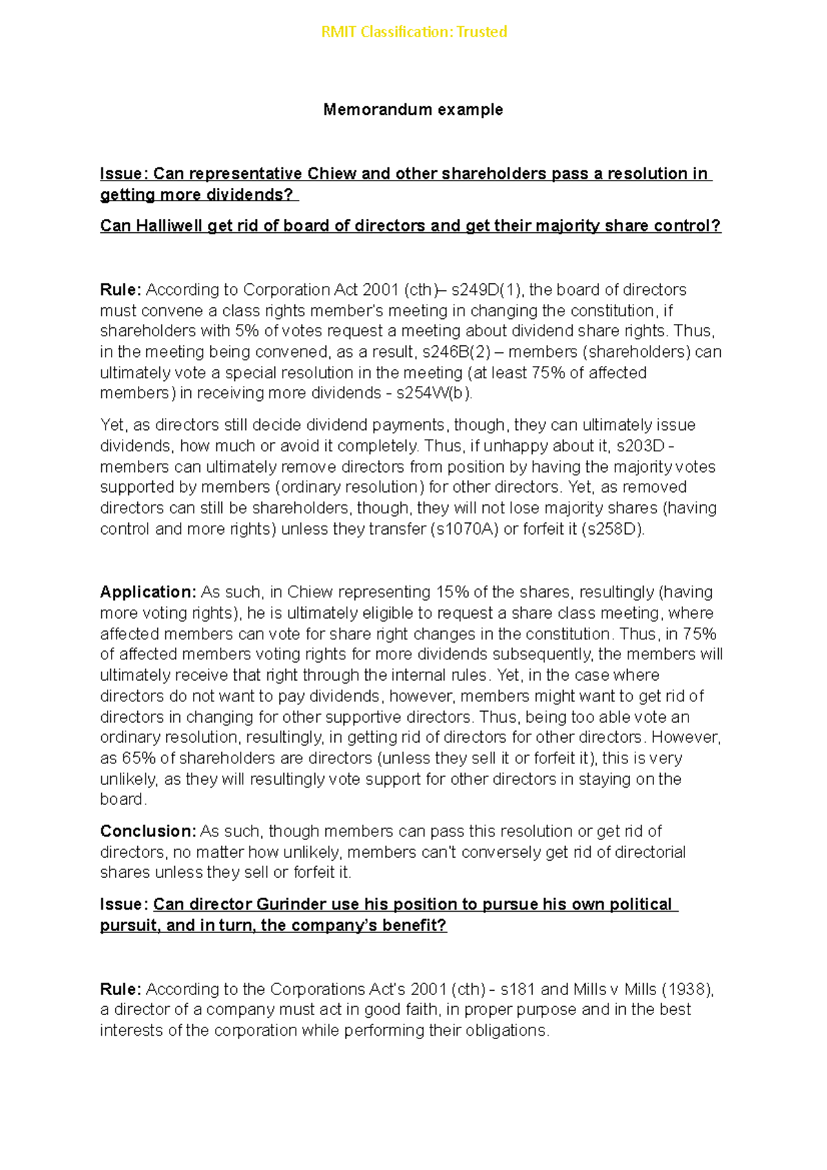 Company memo law example Memorandum example Issue Can representative