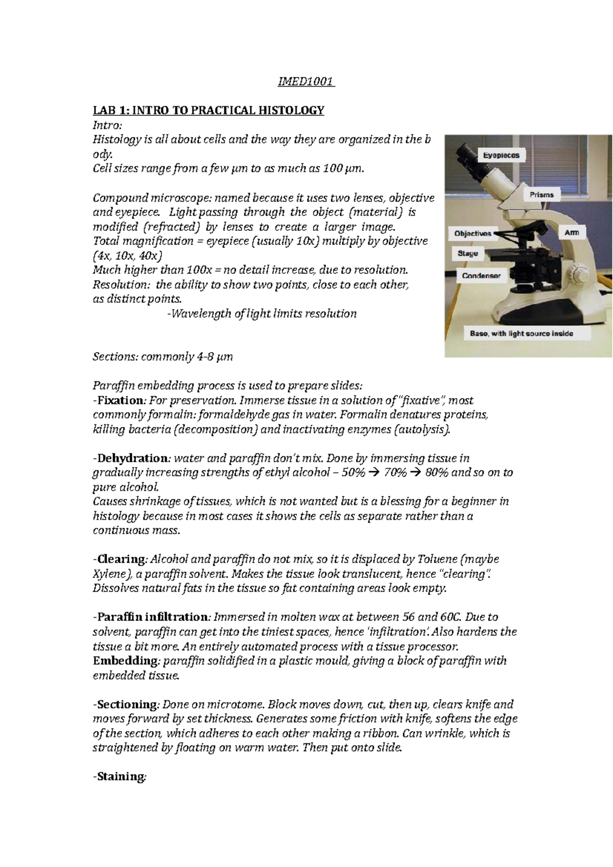 IMED1001 Histology Labs - IMED LAB 1: INTRO TO PRACTICAL HISTOLOGY ...