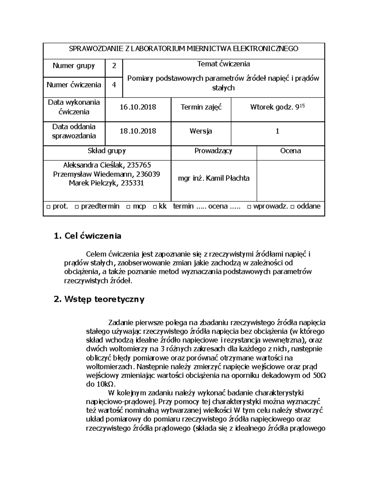Sprawozdanie - Pomiary źródła Napięcia I Prądu - SPRAWOZDANIE Z ...