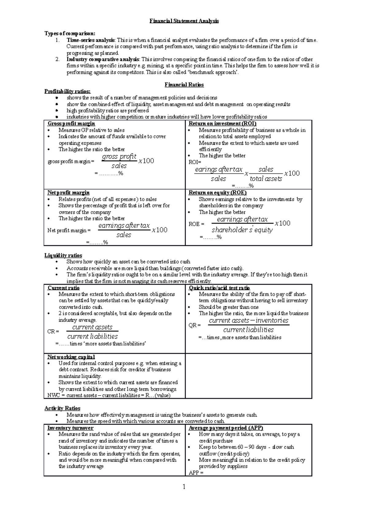 Notes on financial ratios - Financial Statement Analysis Types of ...