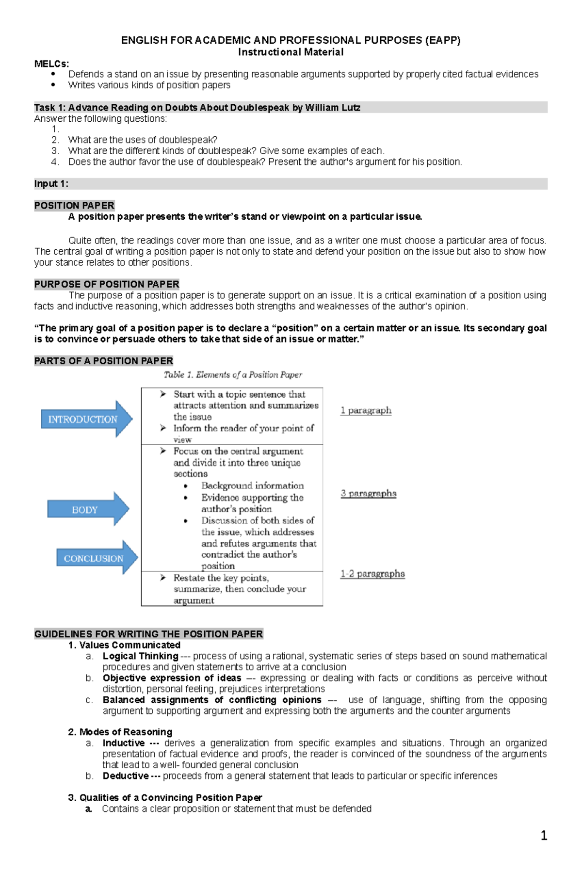 EAPP IM9 Position Paper - ENGLISH FOR ACADEMIC AND PROFESSIONAL ...