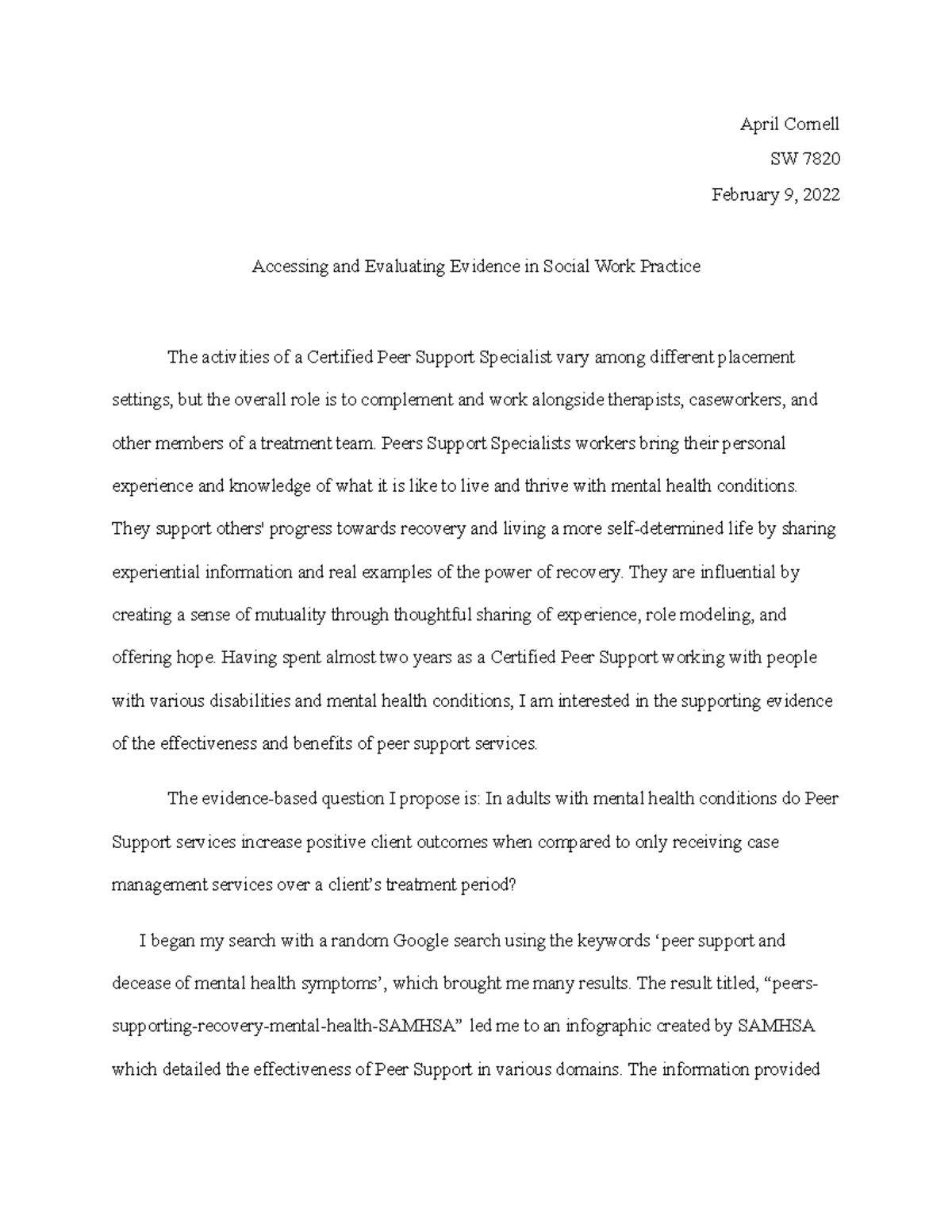 SW7820Term Paper - Assessing and evaluating evidence for the question ...