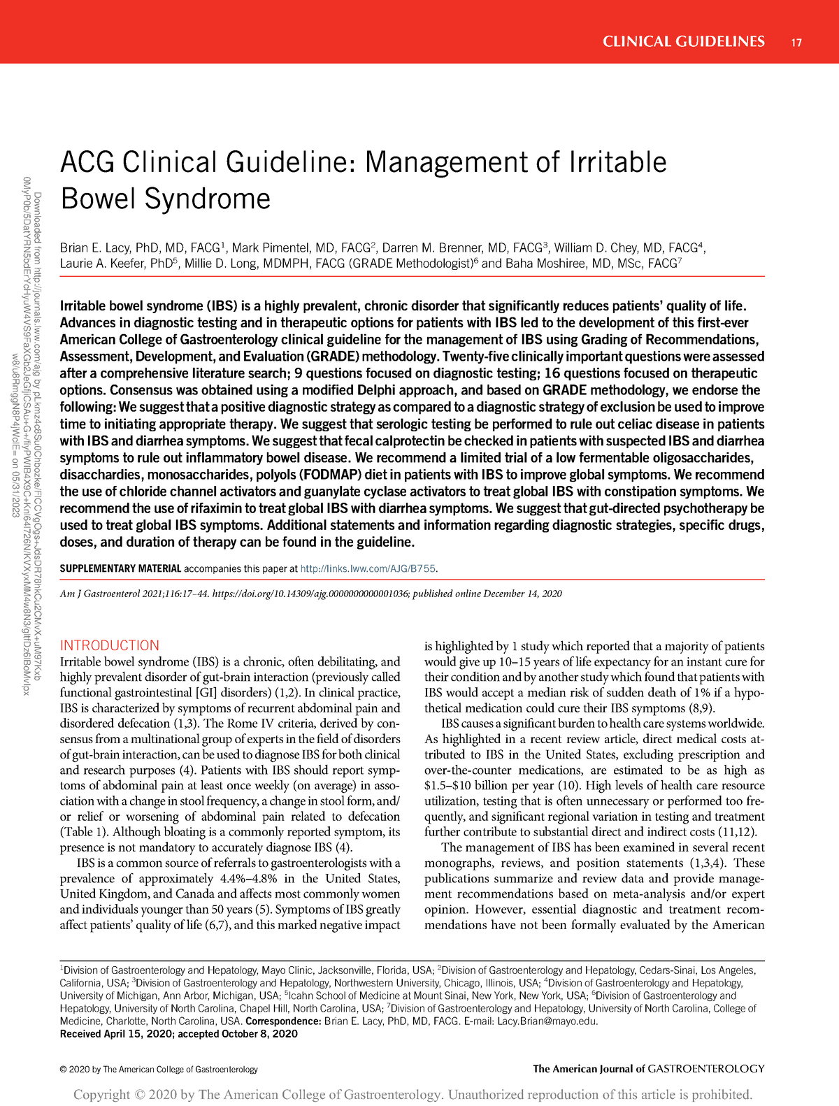 ACG Clinical Guideline Management Of Irritable - Lacy, PhD, MD, FACG 1 ...