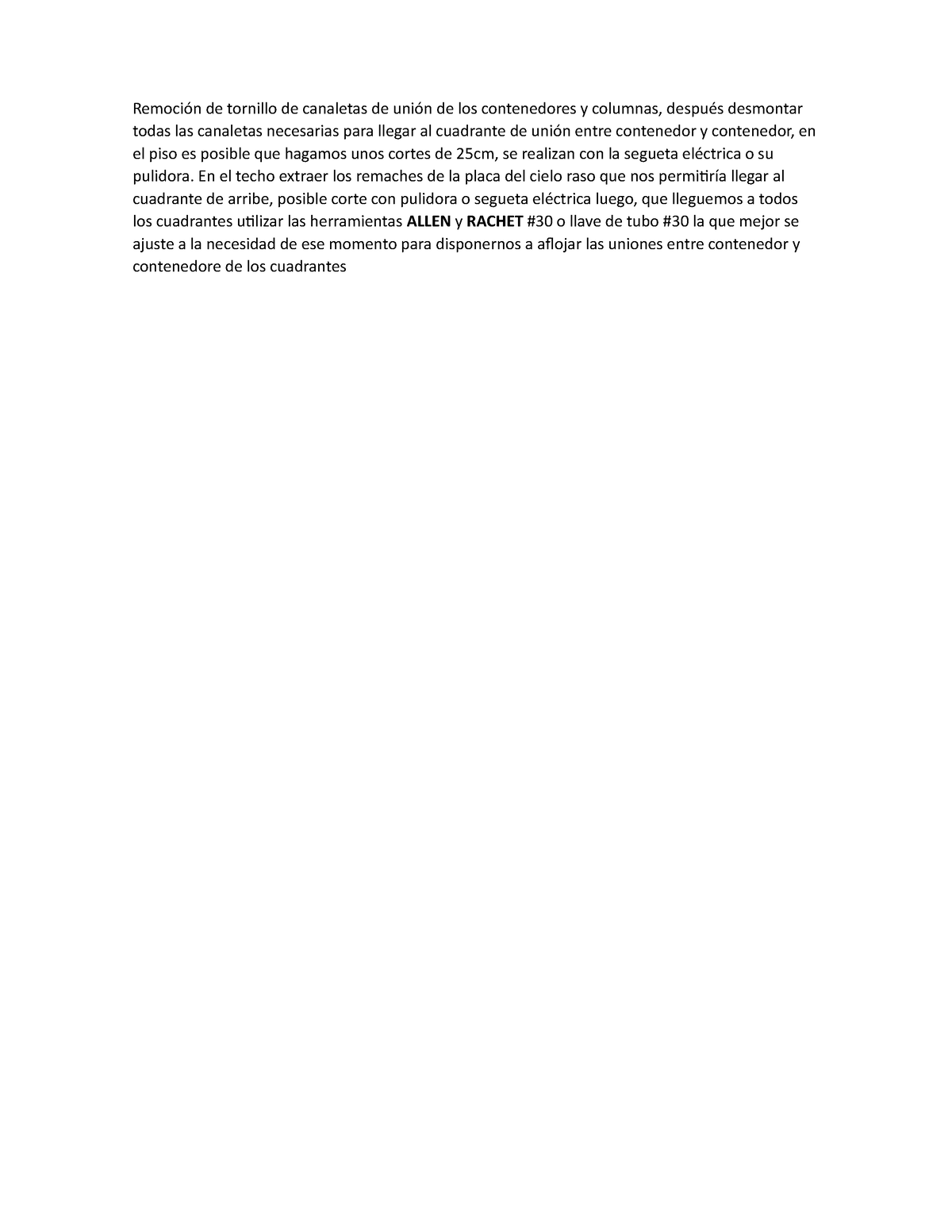 Procedimiento Contenedores - Remoción de tornillo de canaletas de unión ...