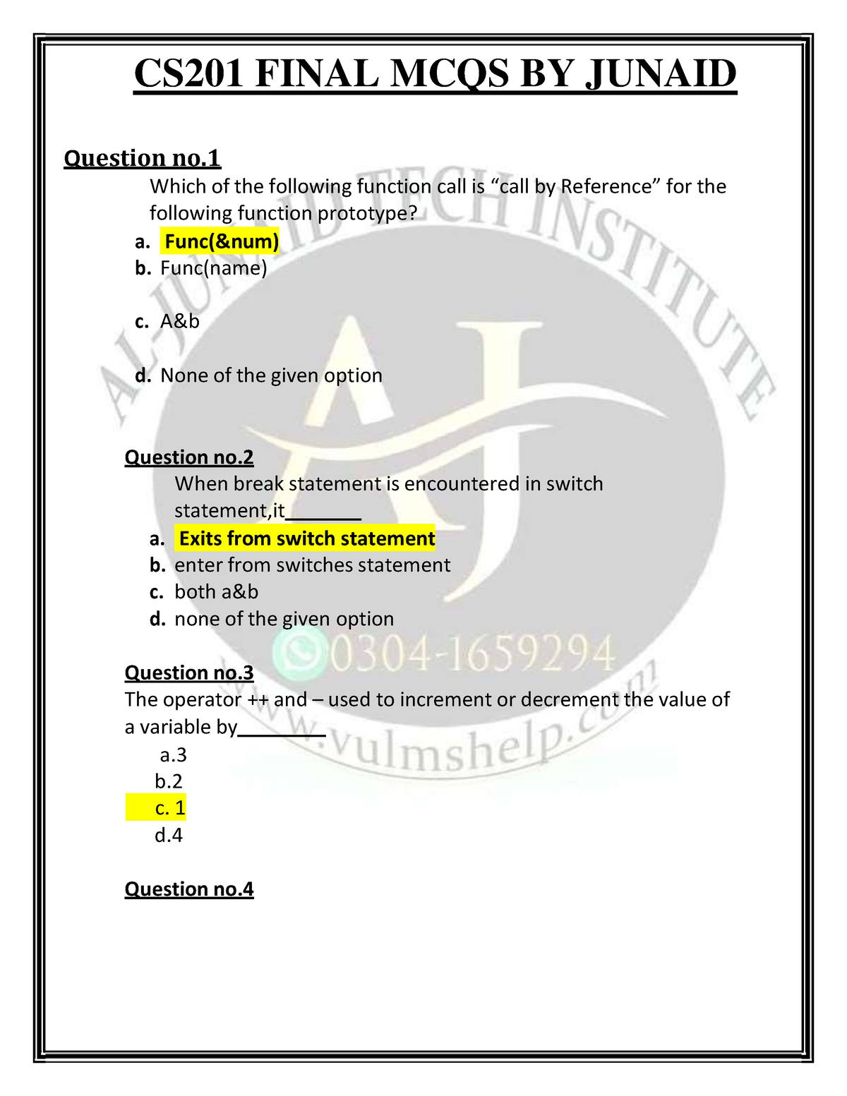 CS201 Solved MCQs Final TERM BY Junaid - CS201 FINAL MCQS BY JUNAID ...