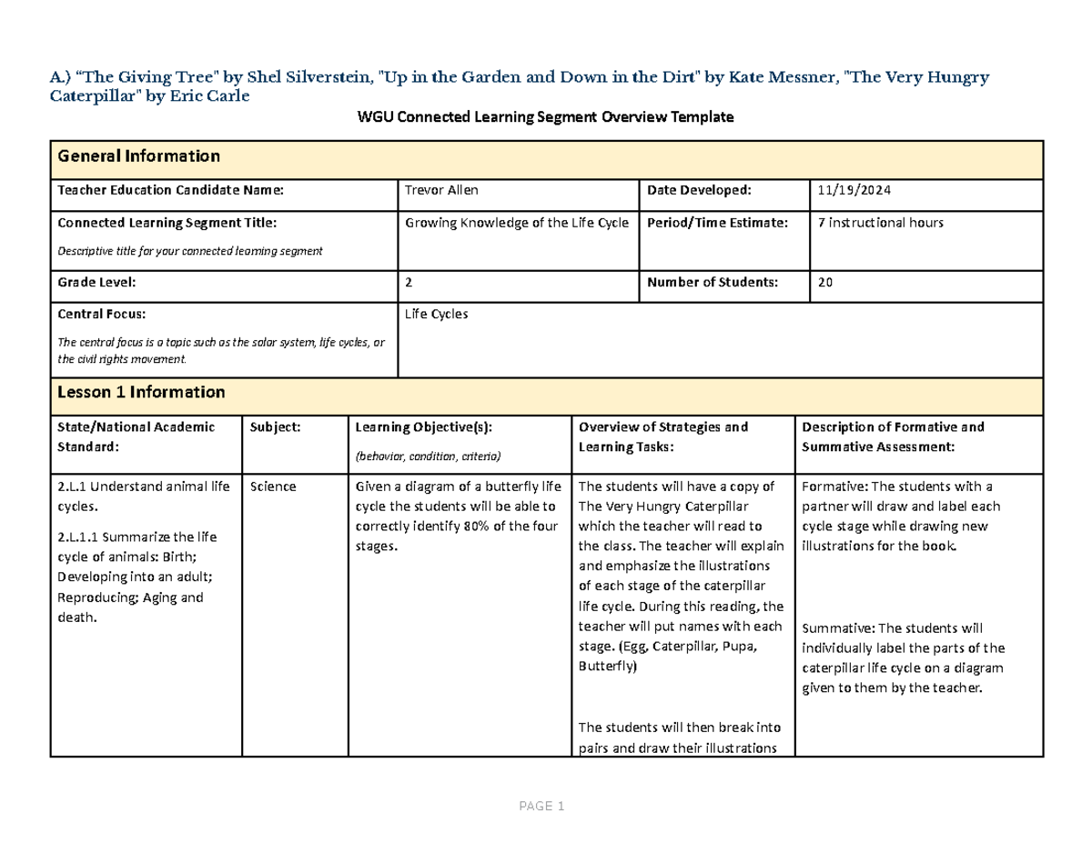 WGU Connected Learning Segment Overview Template - A.) “The Giving Tree ...