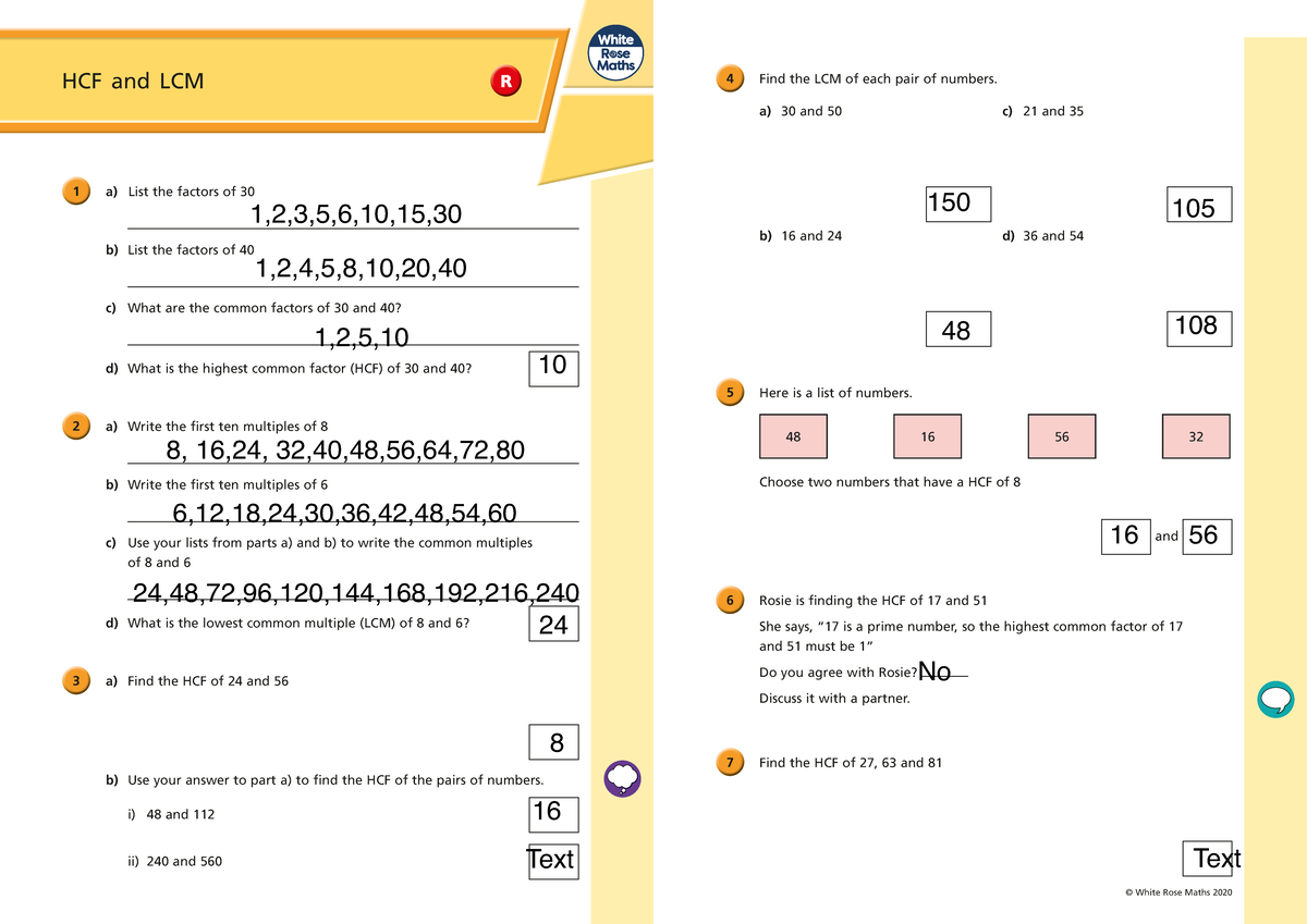 Maths work - N\A - HCF and LCM 4 Find the LCM of each pair of numbers ...