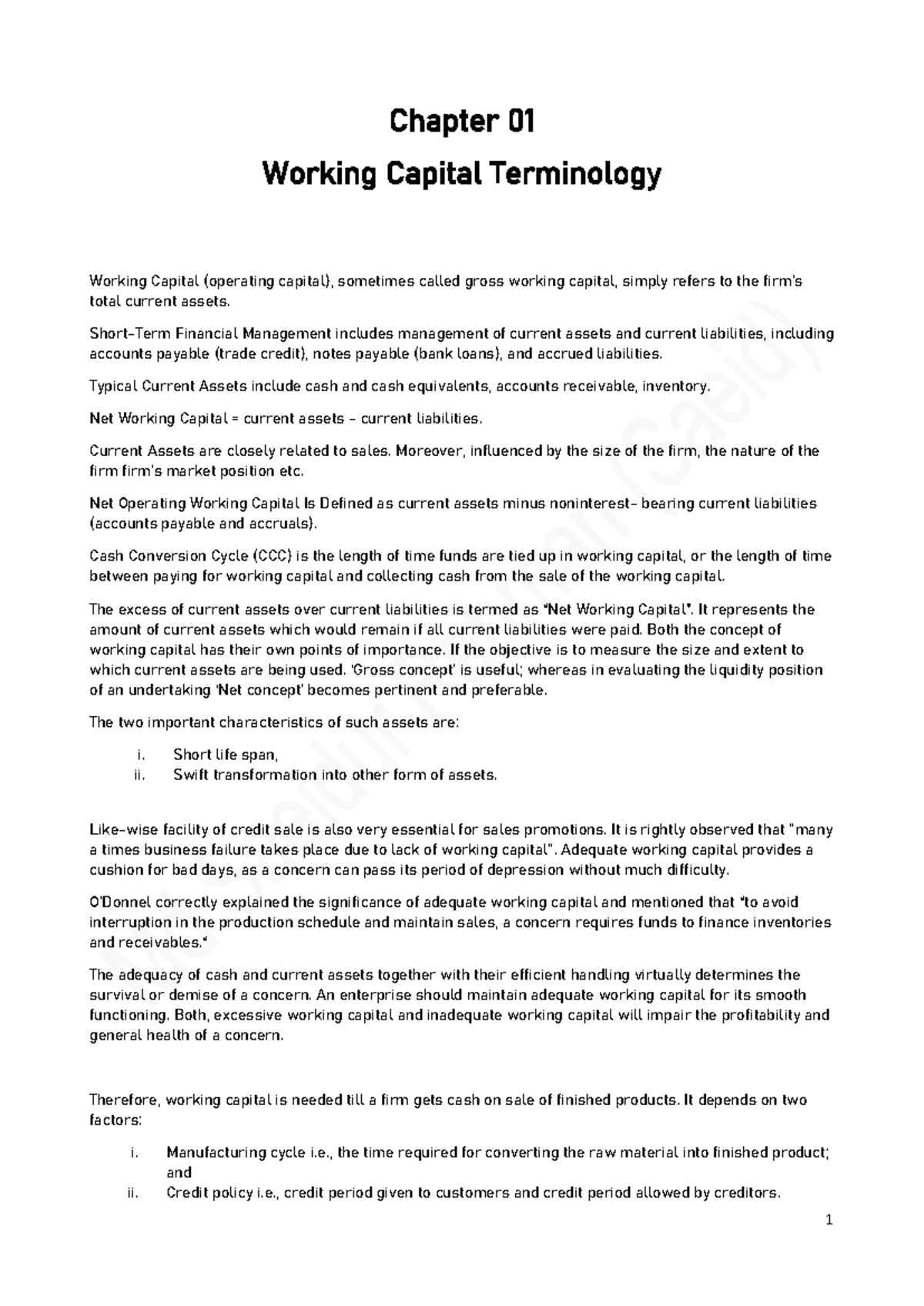 Chapter 01 (Introduction) - Working Capital (operating capital ...