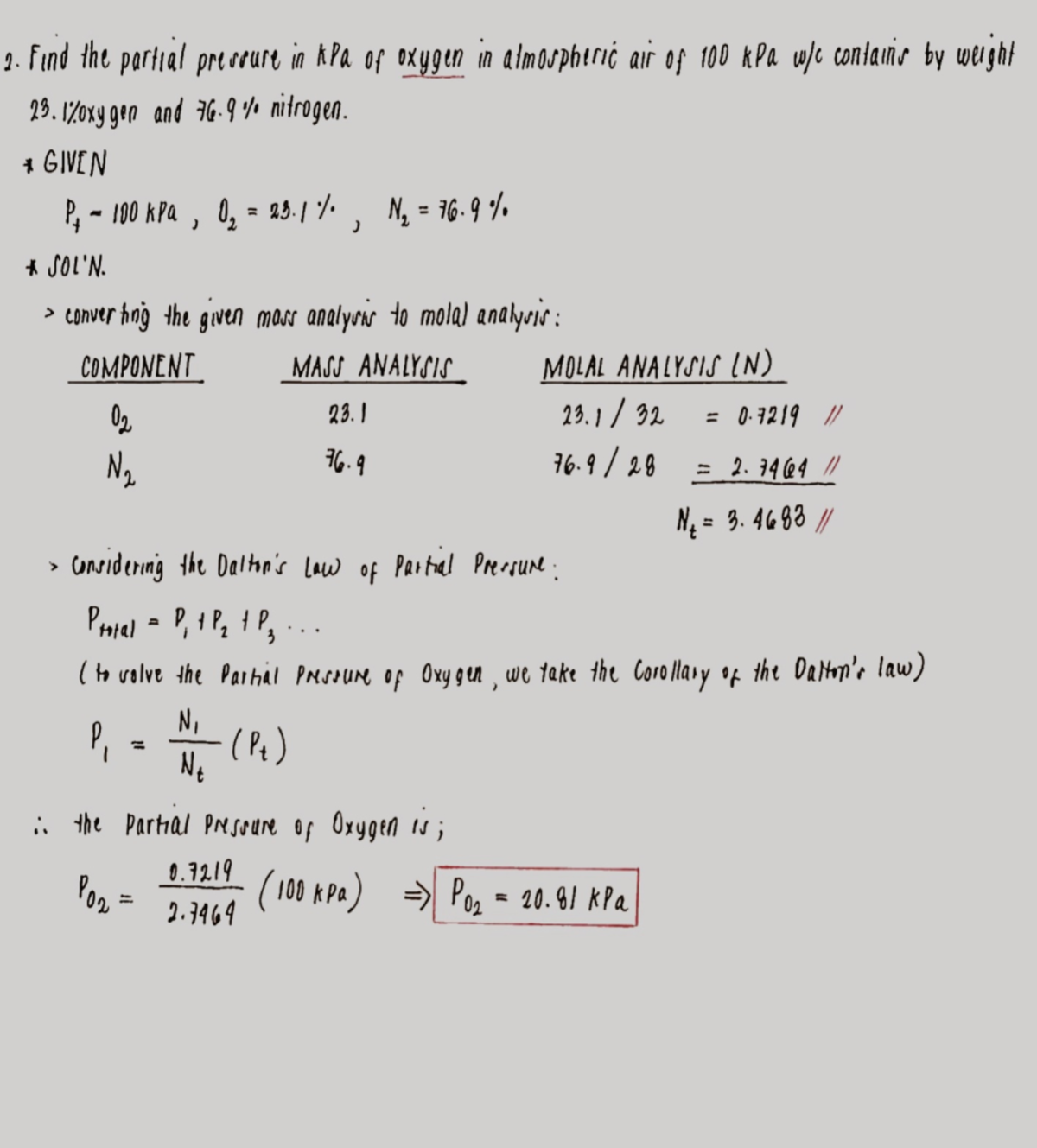 CE 2 Find the partial pressure in kPa of oxygen in atmospheric air of