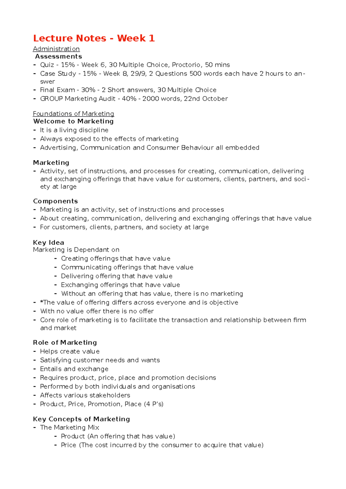Fundmentals of Marketing Lecture Notes - Week 1 - Lecture Notes - Week ...