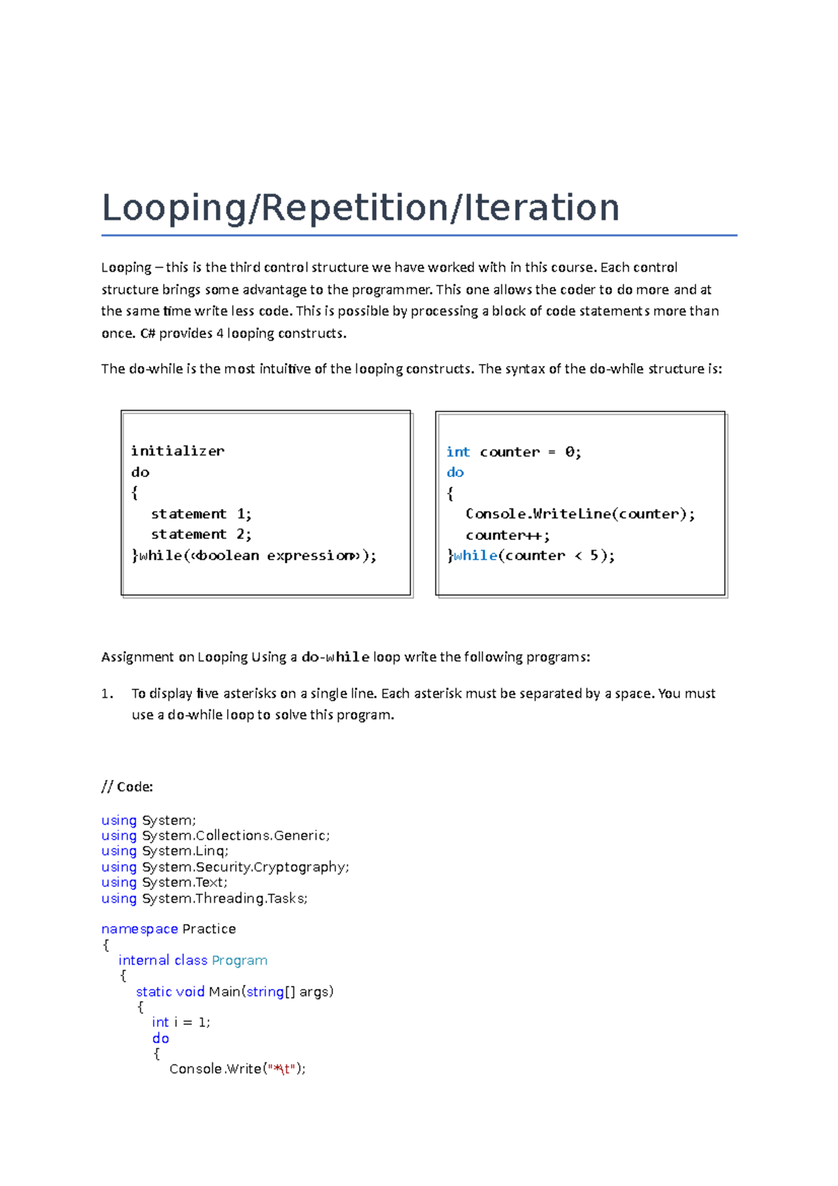 Assignment-05 - Assignment-05 - Looping/Repetition/Iteration Looping ...