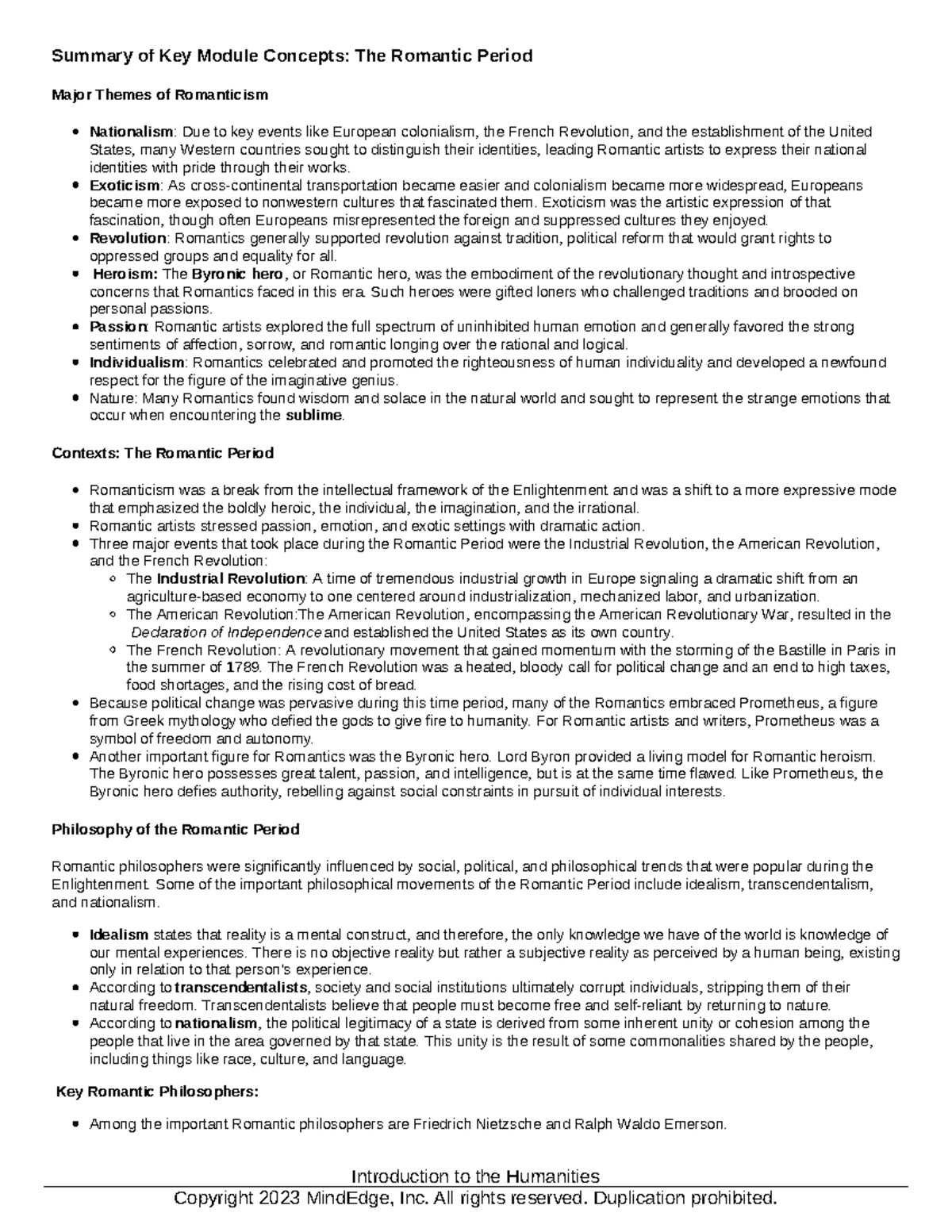 Module 5 Study Guide Summary of Key Module Concepts The Romantic