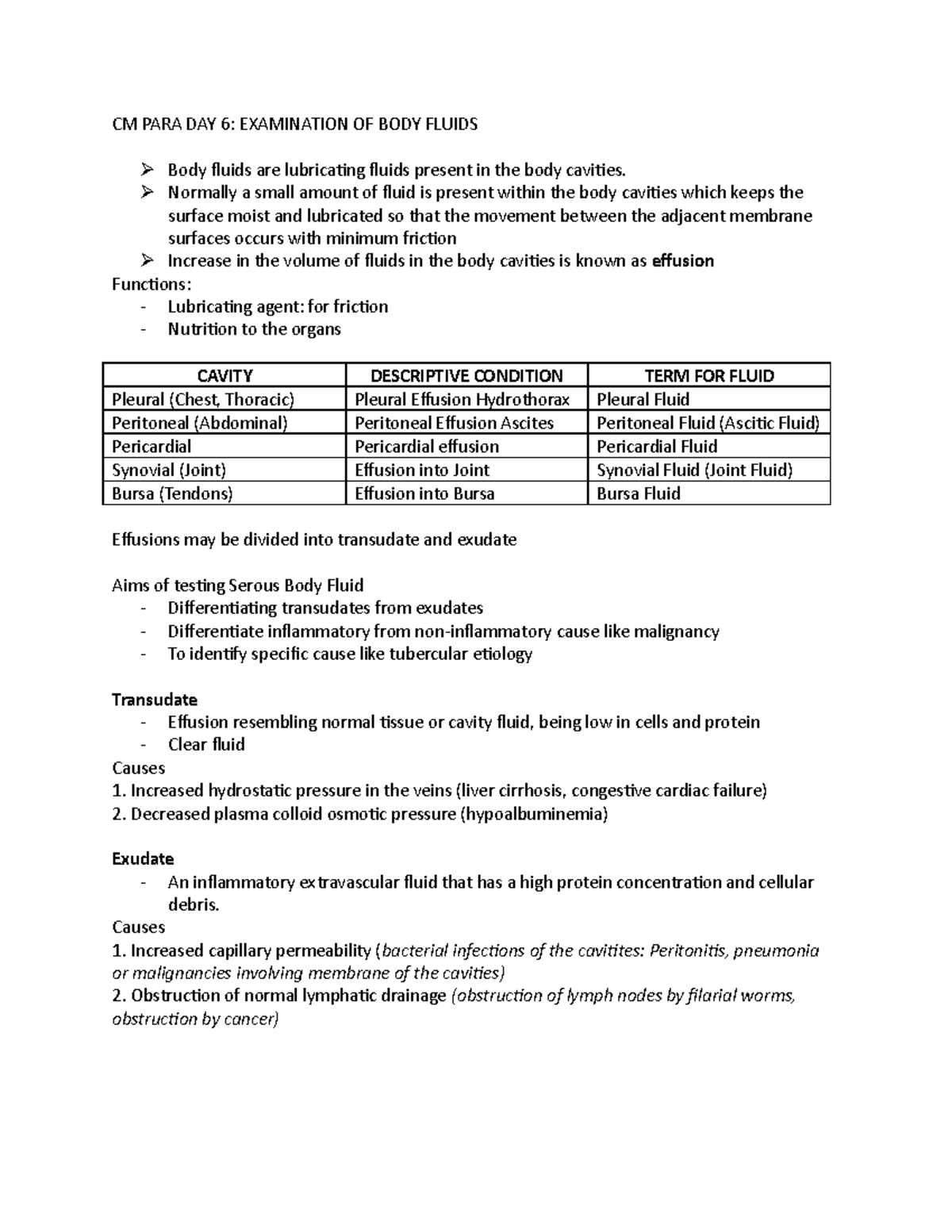 CM PARA DAY 6 - intern - CM PARA DAY 6: EXAMINATION OF BODY FLUIDS Body ...