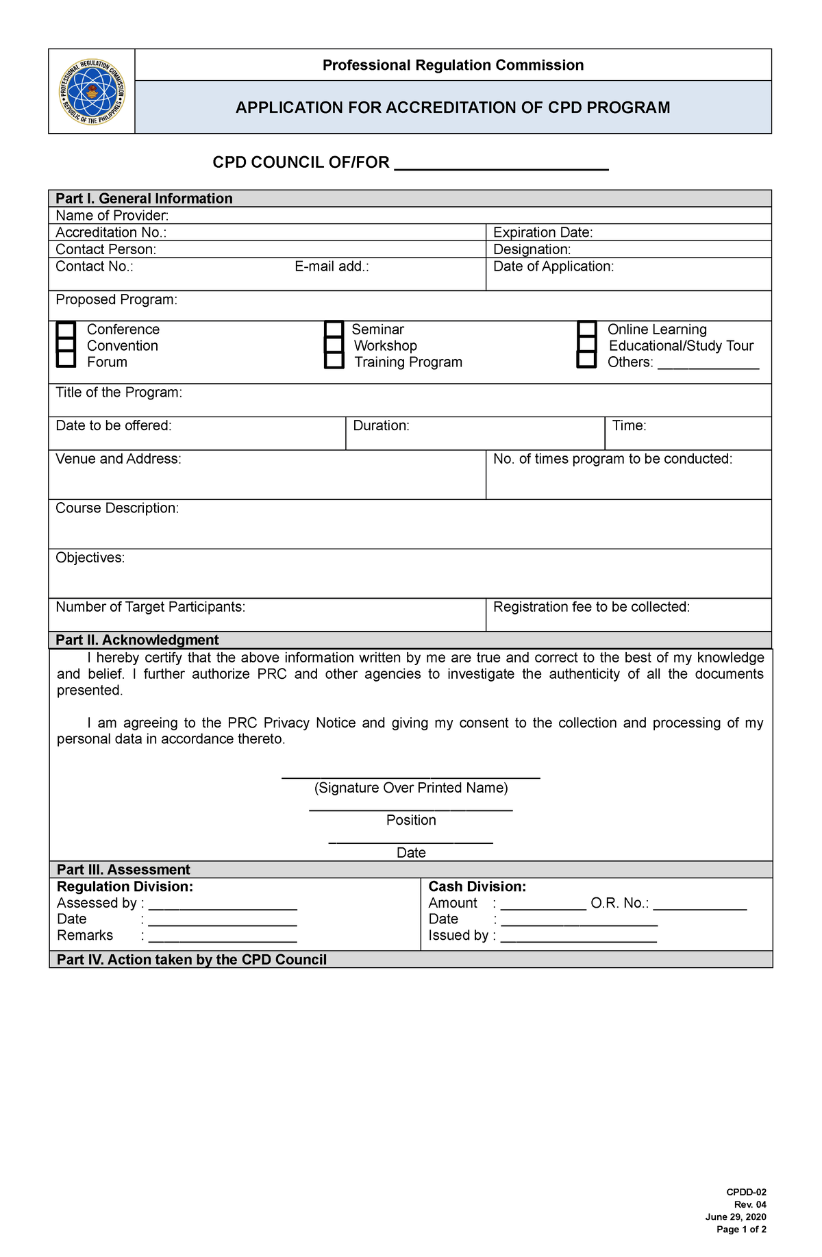 CPDD02 CPD Professional Regulation Commission APPLICATION FOR