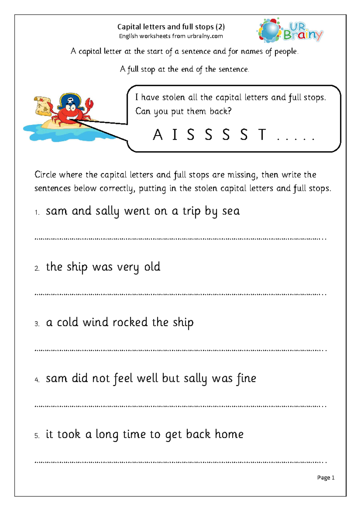 Capital letters and full stops 2 - English worksheets from urbrainy A ...