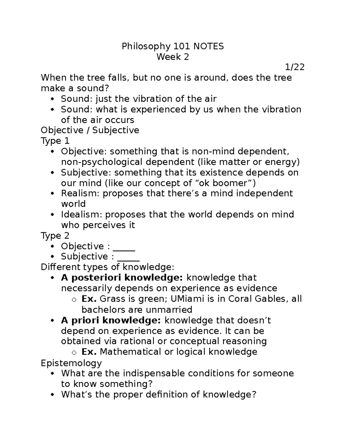 Phi101 Notes First Half Of Semester - Philosophy 101 NOTES Week 2 1 ...