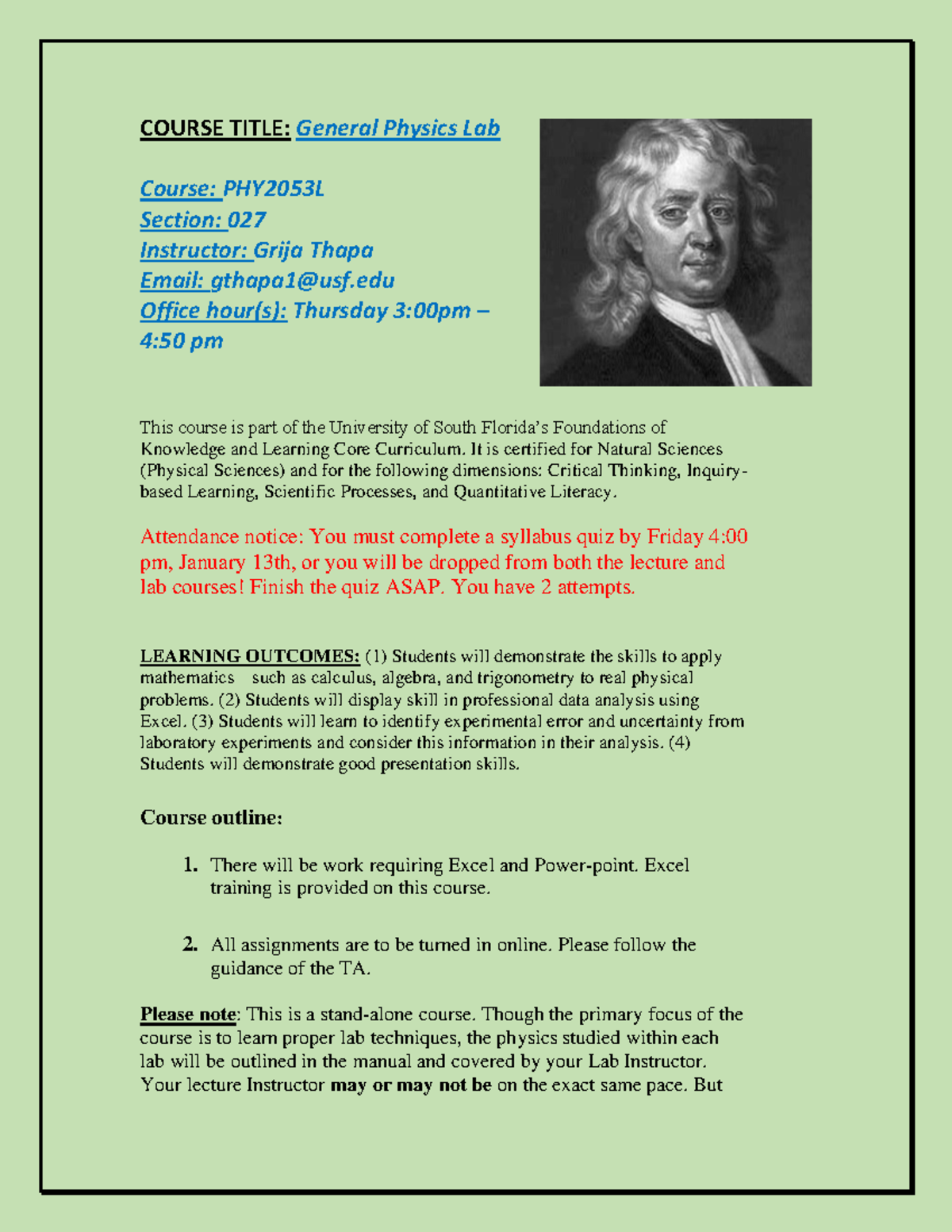 Physics lab syllabus Spring 2023 COURSE TITLE General Physics Lab