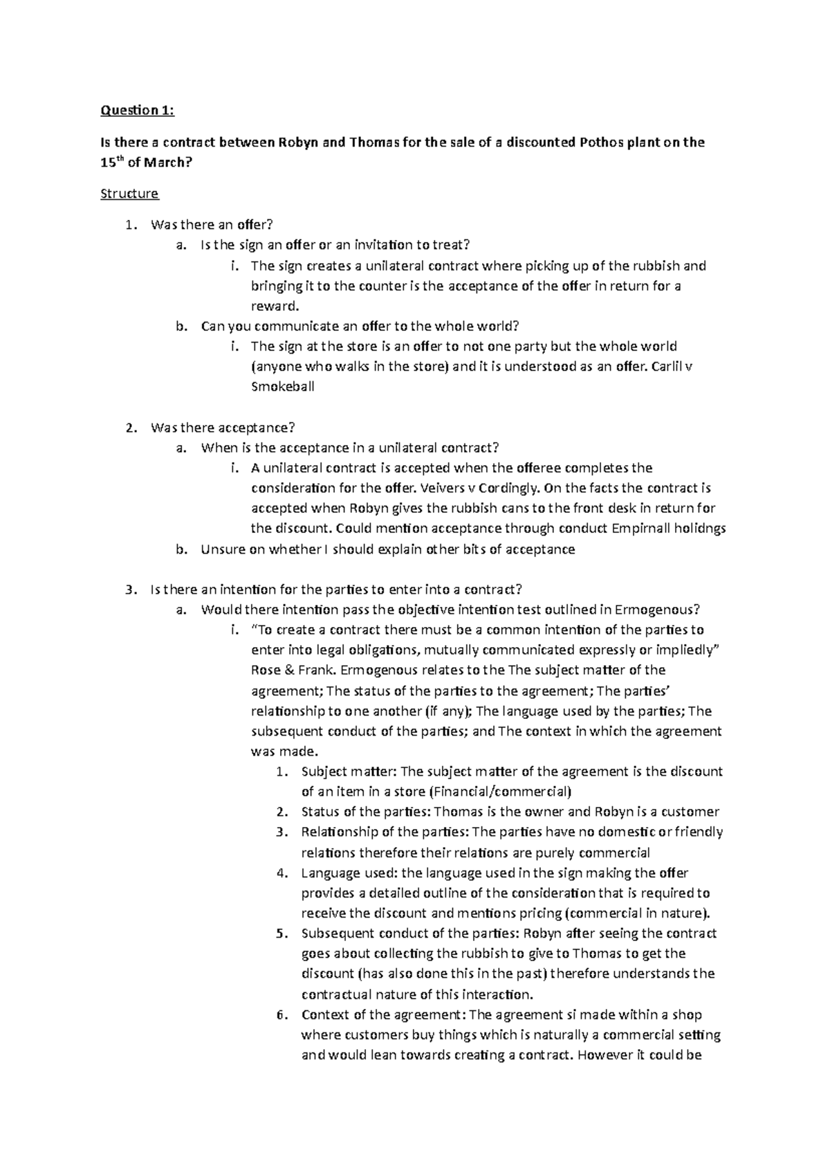 LLB202 Structure notes - Question 1: Is there a contract between Robyn ...