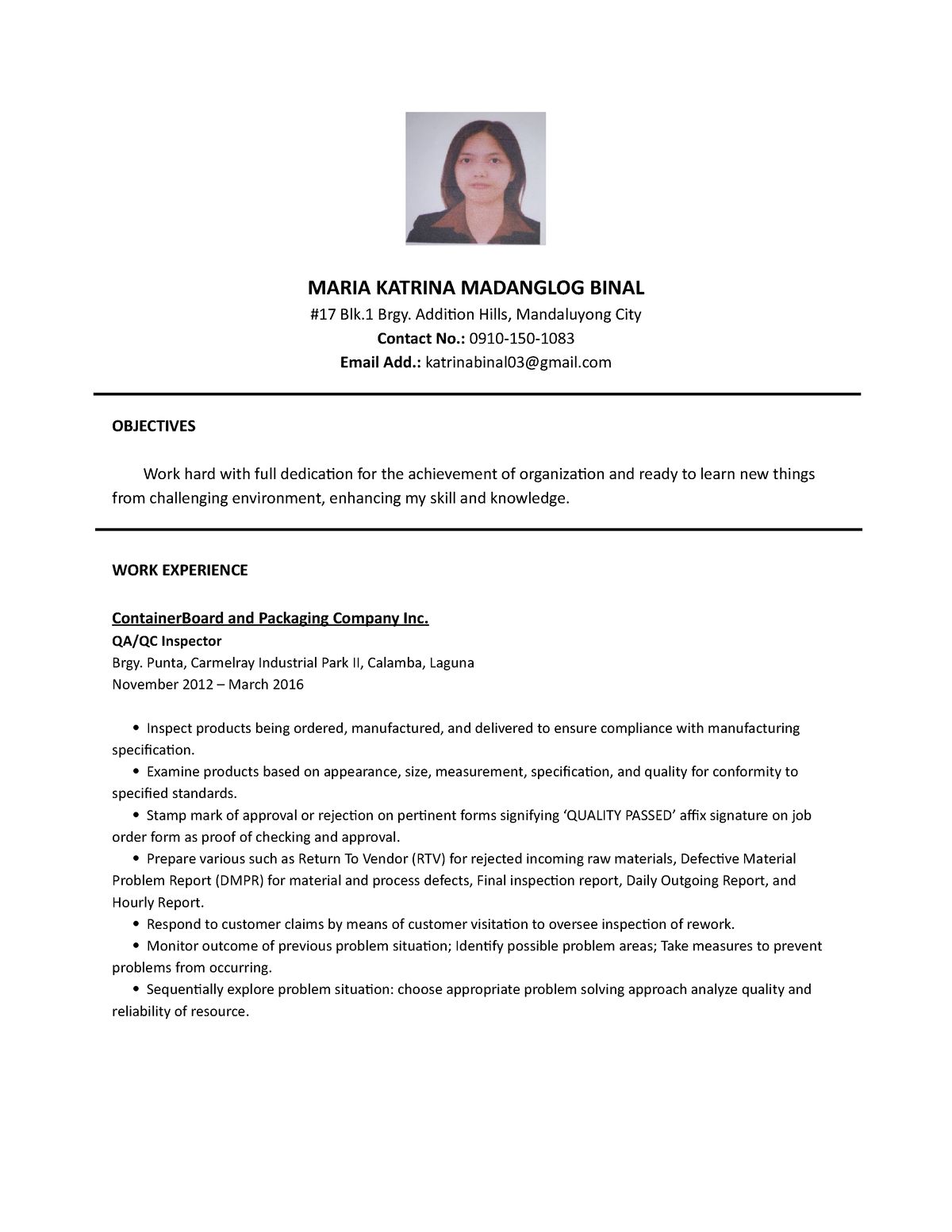 Kat resume - read - MARIA KATRINA MADANGLOG BINAL #17 Blk Brgy ...