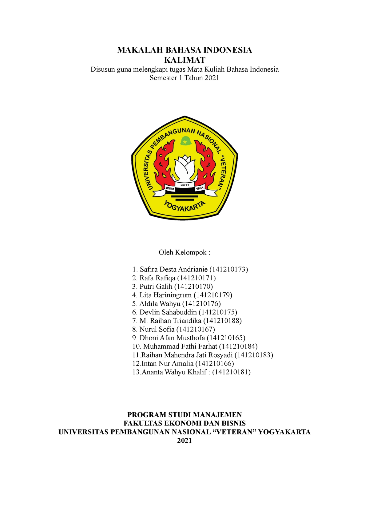 Makalah Kalimat Bahasa Indo - MAKALAH BAHASA INDONESIA KALIMAT Disusun ...